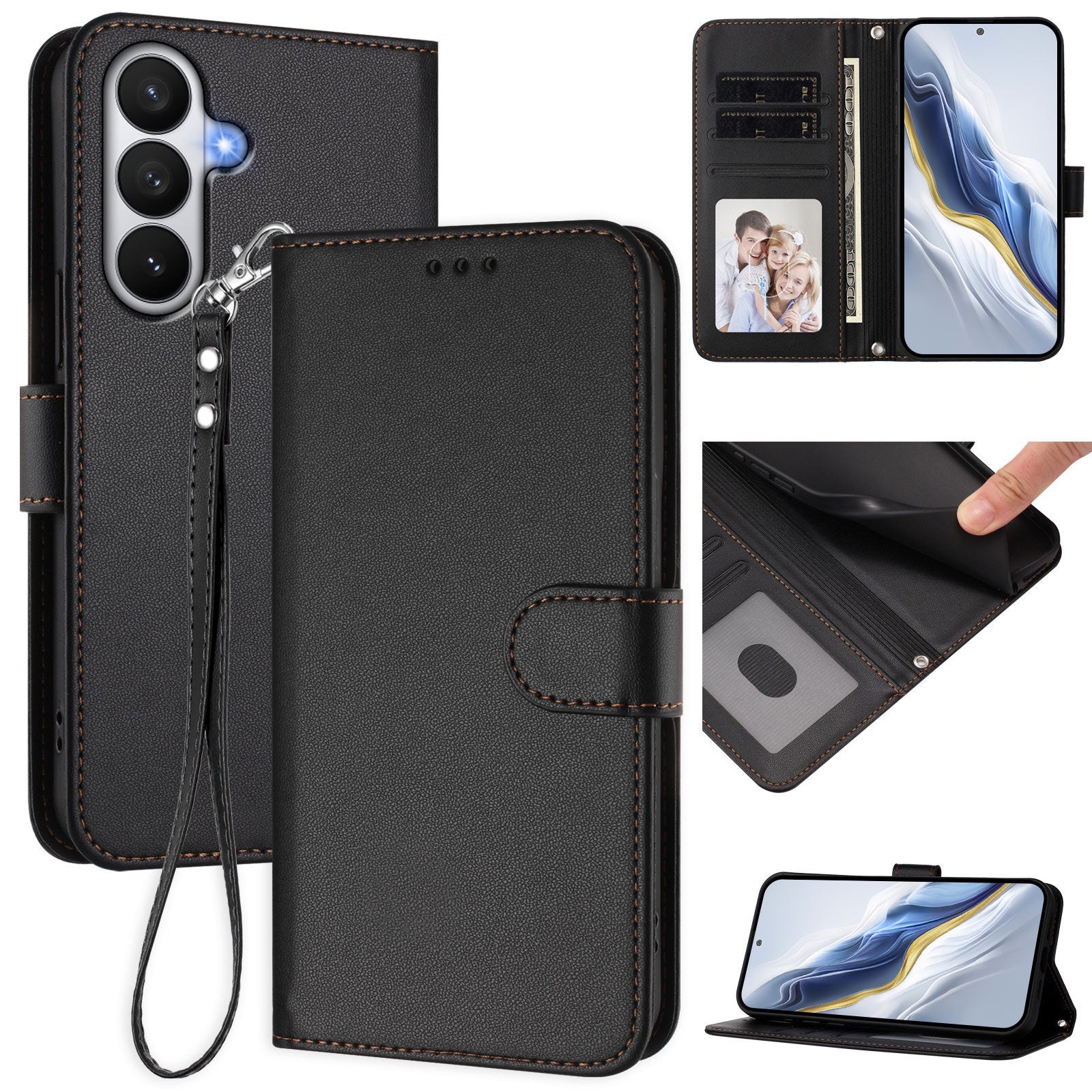 For-Samsung-Galaxy-S26-/-S26-Pro-Leather-Case-Wallet-Stand-Phone-Cover-with-Wrist-Strap-Black