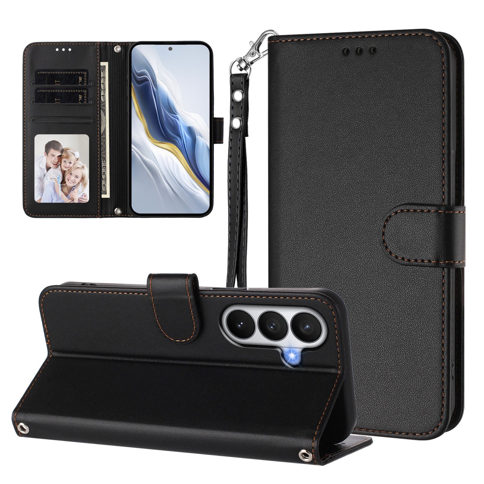 For-Samsung-Galaxy-S26-/-S26-Pro-Leather-Case-Wallet-Stand-Phone-Cover-with-Wrist-Strap-Black