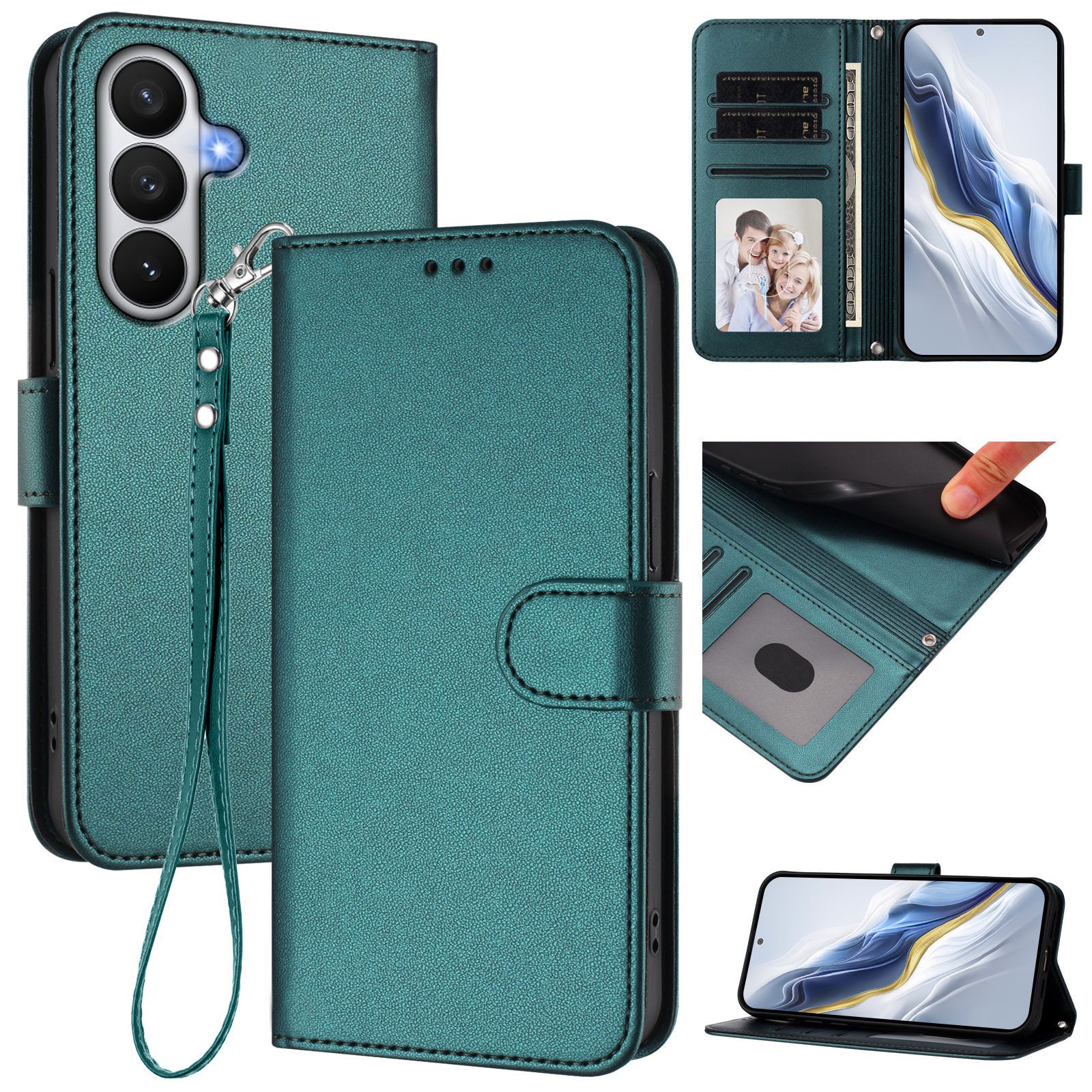 For-Samsung-Galaxy-S26-/-S26-Pro-Leather-Case-Wallet-Stand-Phone-Cover-with-Wrist-Strap-Green