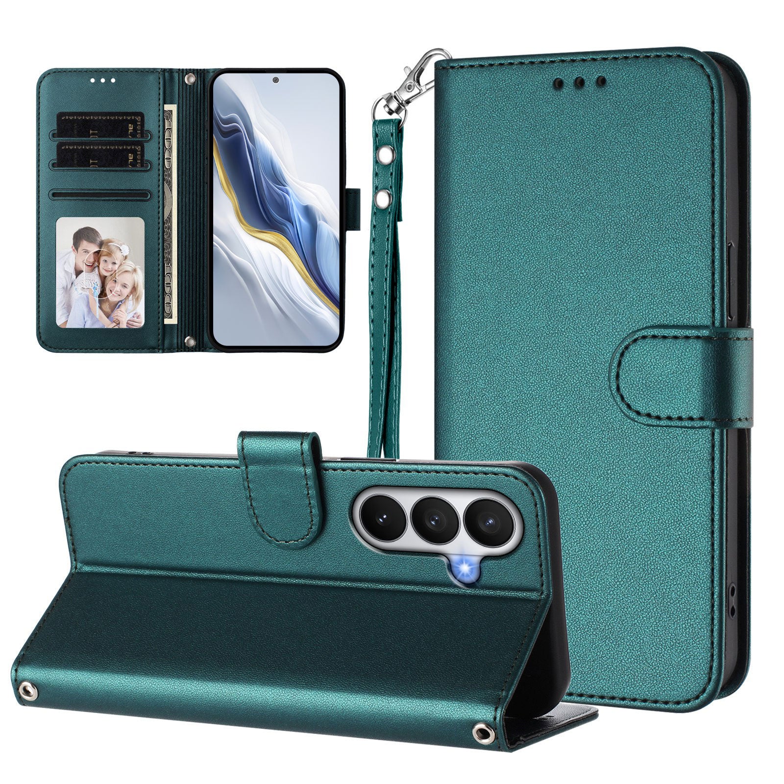 For-Samsung-Galaxy-S26-/-S26-Pro-Leather-Case-Wallet-Stand-Phone-Cover-with-Wrist-Strap-Green