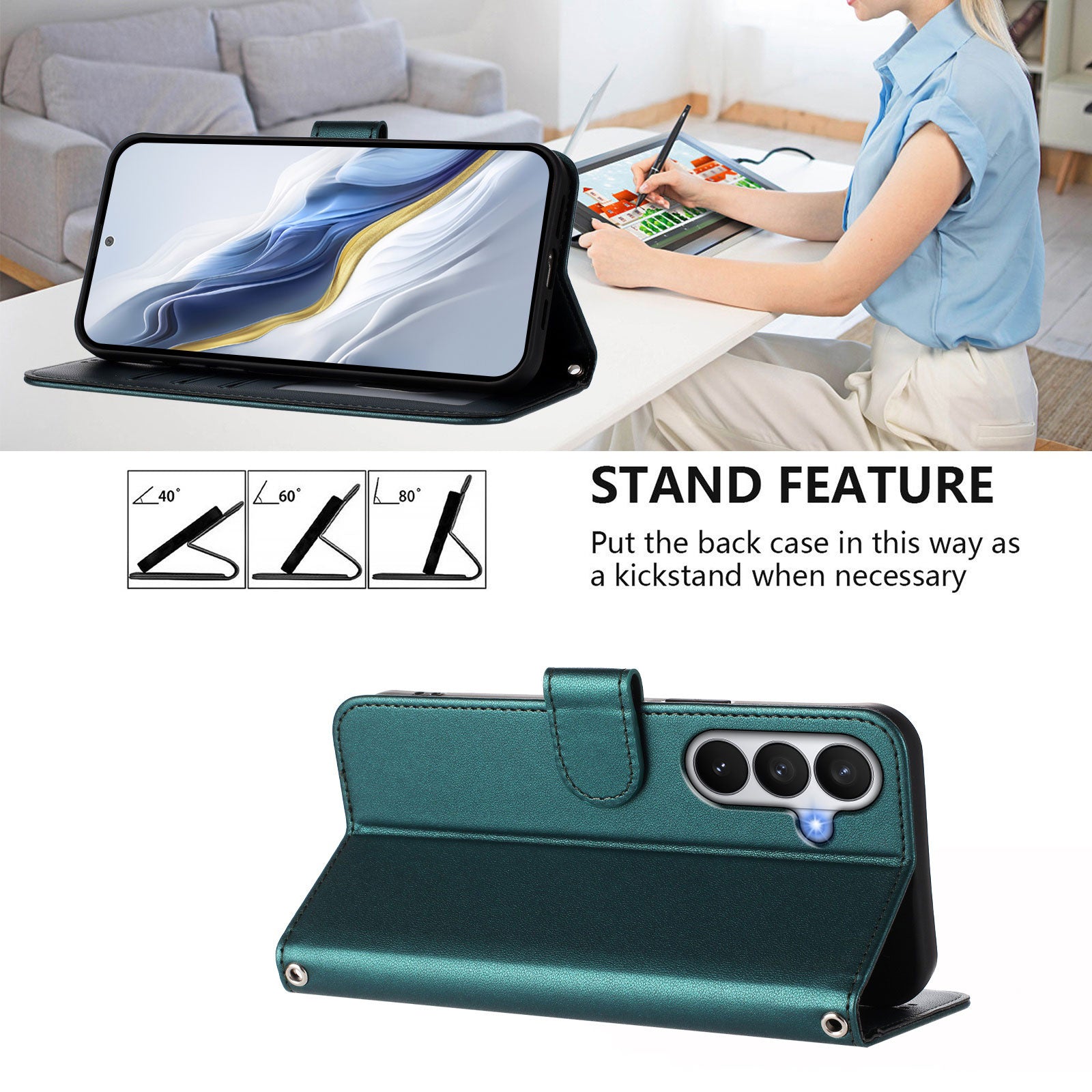 For-Samsung-Galaxy-S26-/-S26-Pro-Leather-Case-Wallet-Stand-Phone-Cover-with-Wrist-Strap-Green