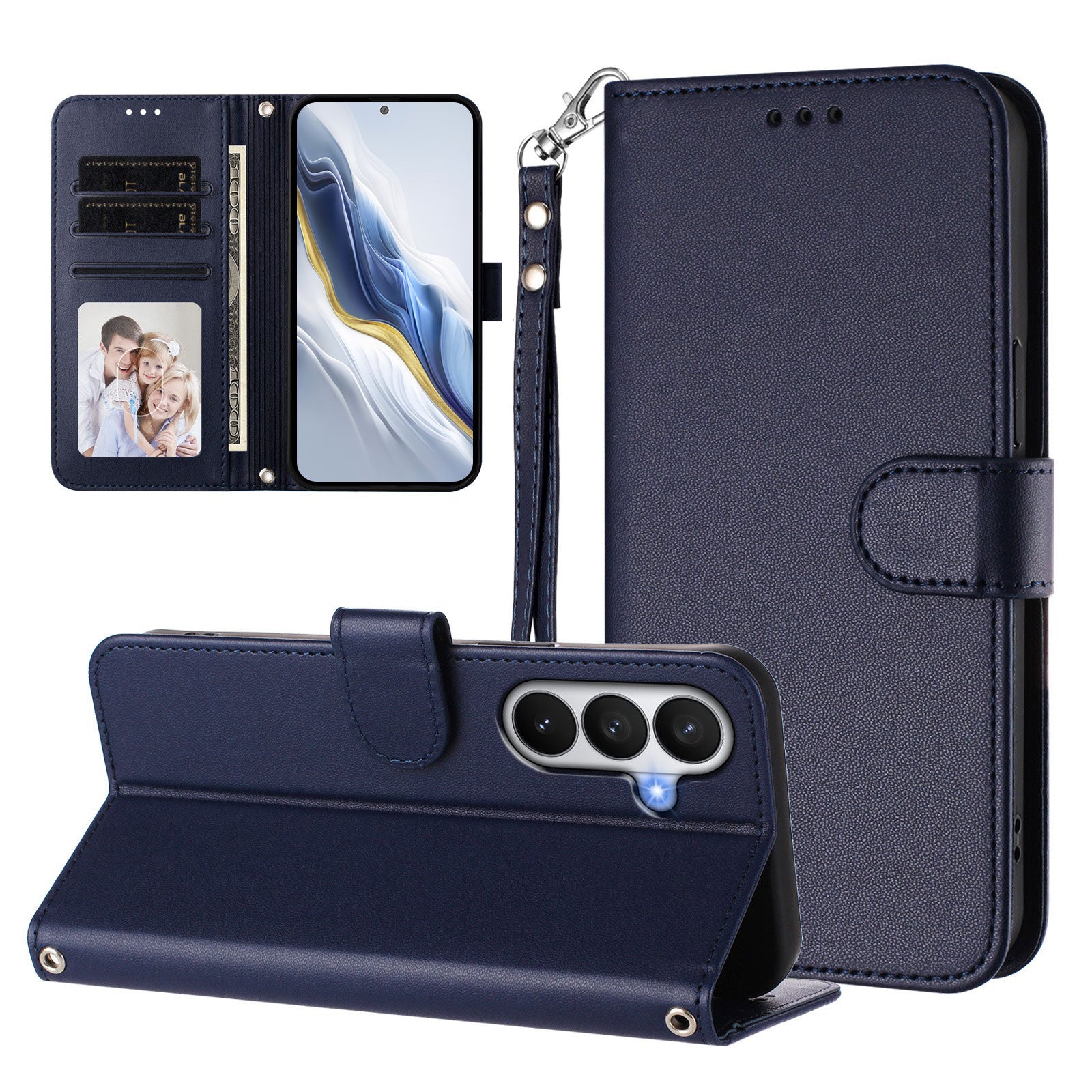 For-Samsung-Galaxy-S26-/-S26-Pro-Leather-Case-Wallet-Stand-Phone-Cover-with-Wrist-Strap-Blue