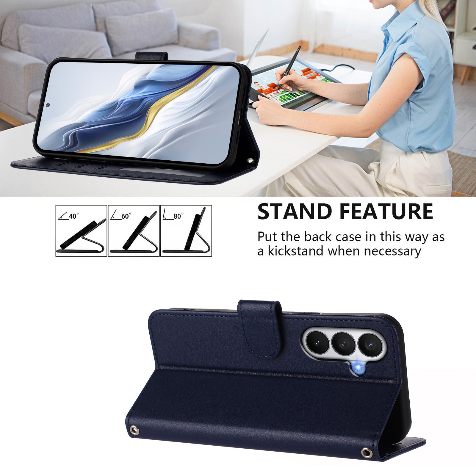 For-Samsung-Galaxy-S26-/-S26-Pro-Leather-Case-Wallet-Stand-Phone-Cover-with-Wrist-Strap-Blue