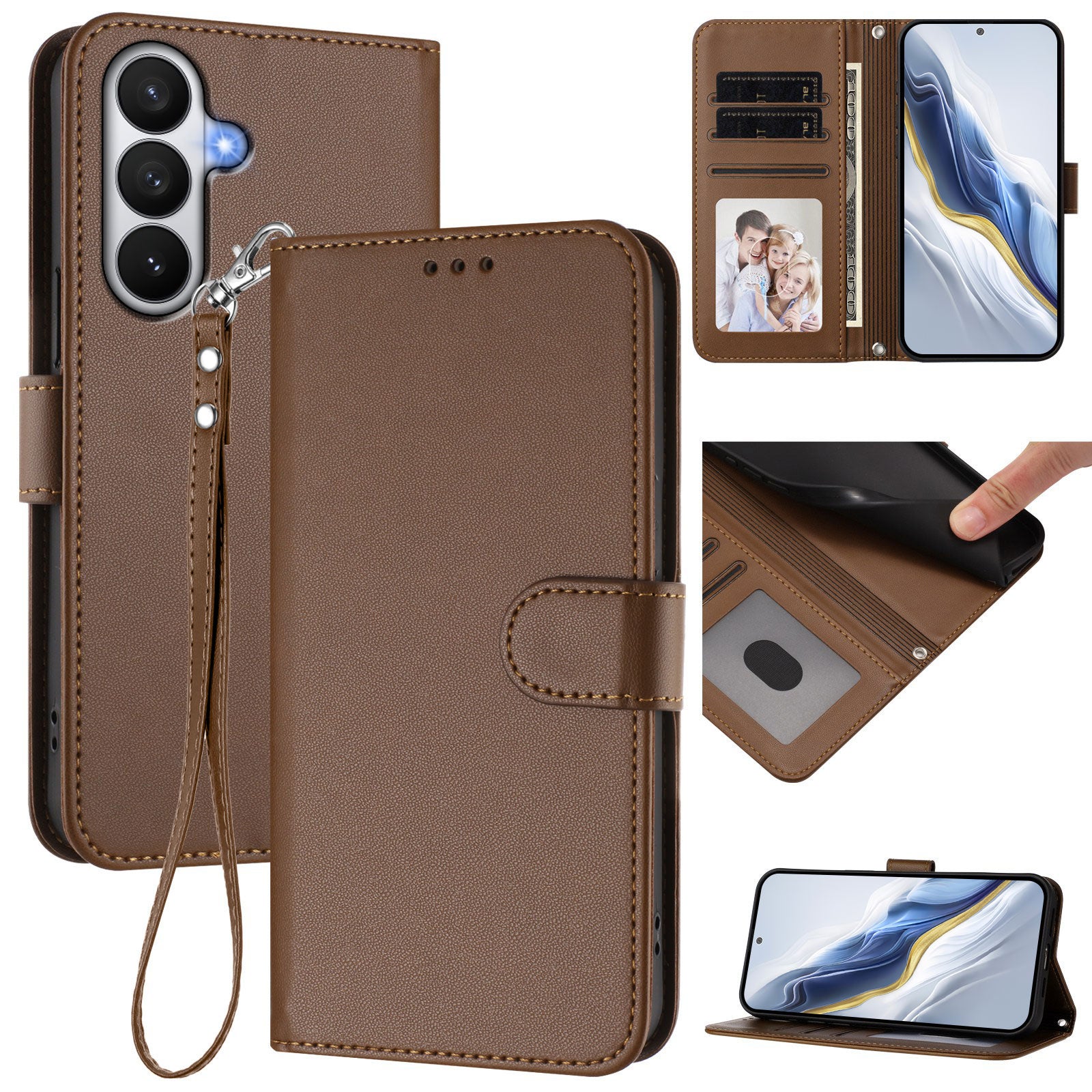 For-Samsung-Galaxy-S26-/-S26-Pro-Leather-Case-Wallet-Stand-Phone-Cover-with-Wrist-Strap-Brown