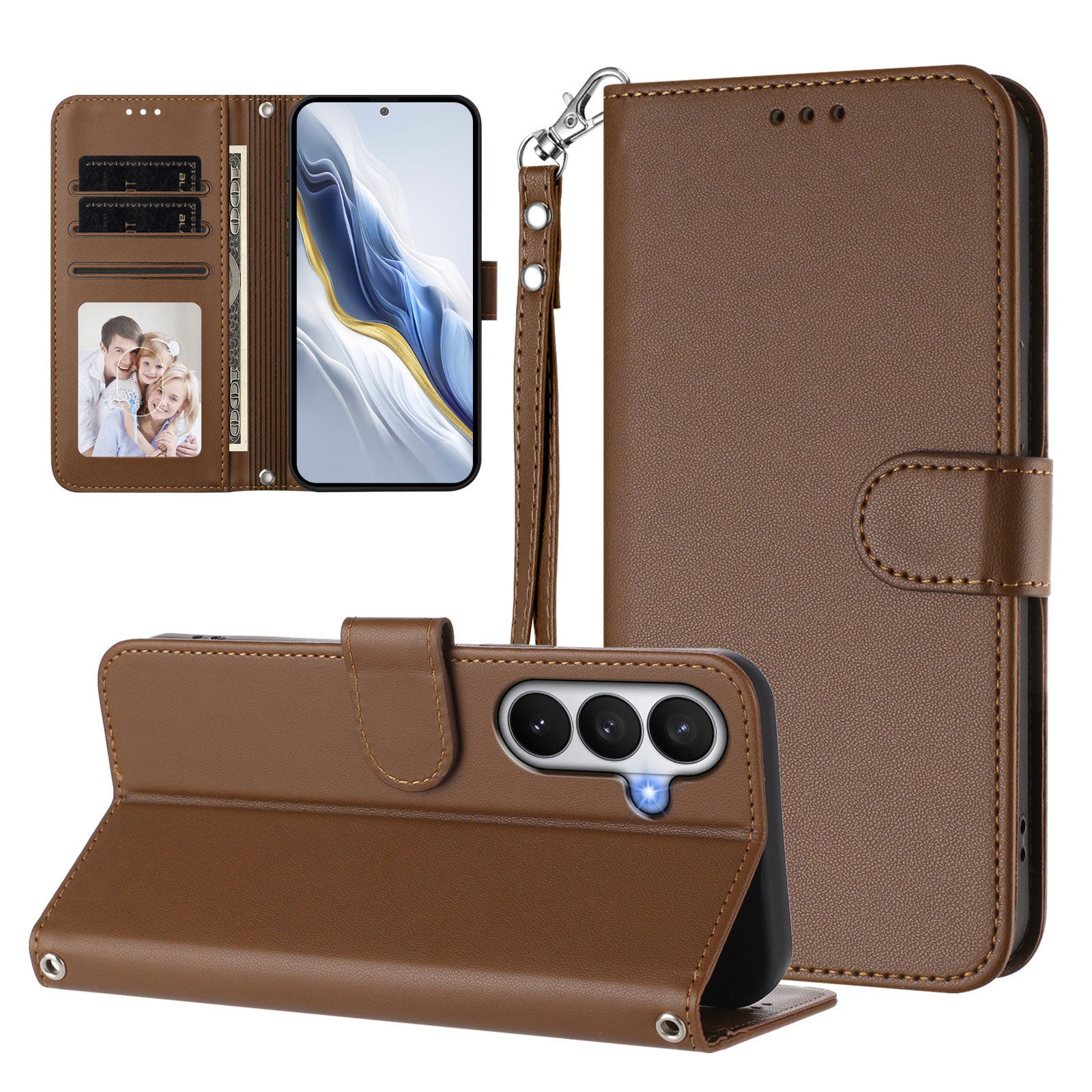 For-Samsung-Galaxy-S26-/-S26-Pro-Leather-Case-Wallet-Stand-Phone-Cover-with-Wrist-Strap-Brown