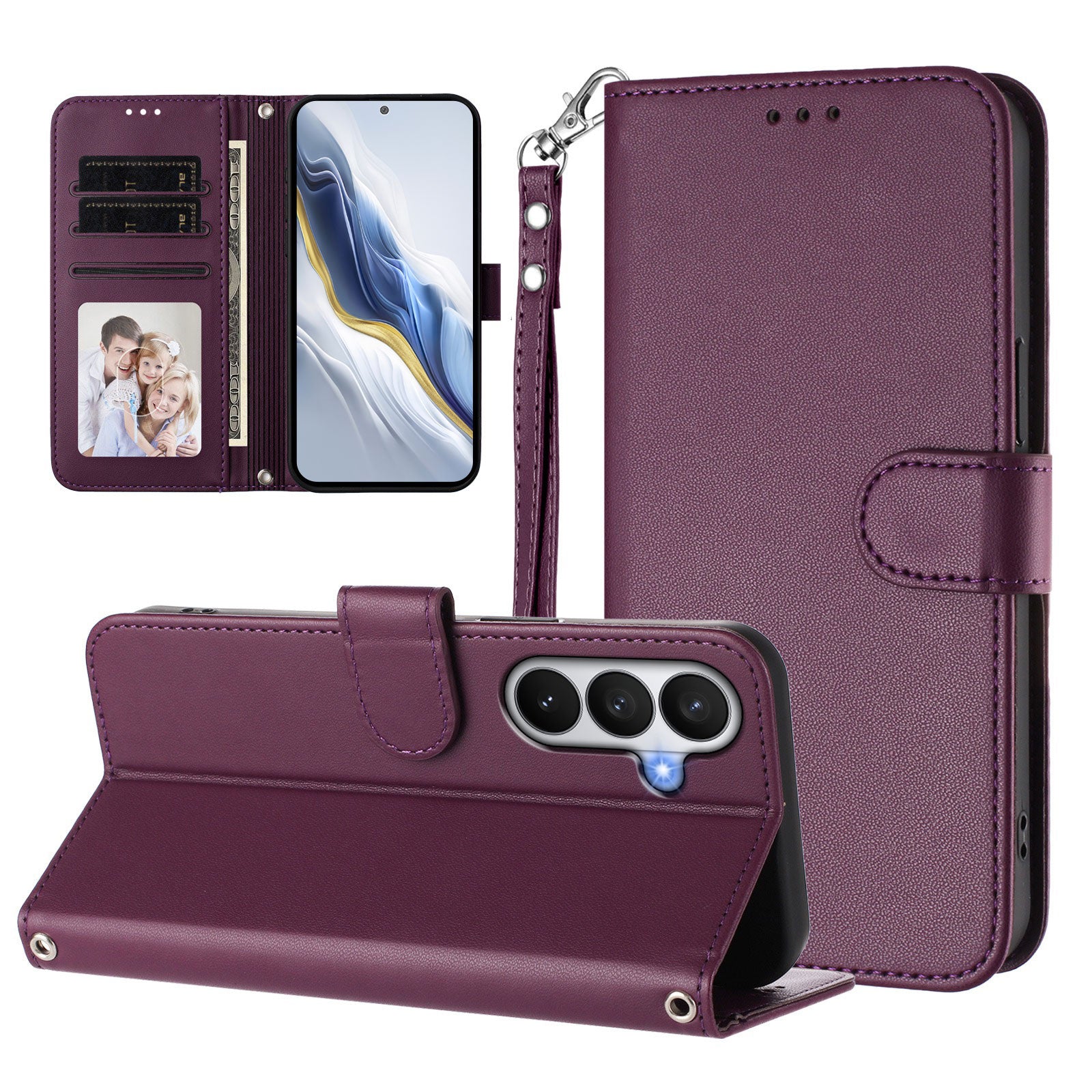 For-Samsung-Galaxy-S26-/-S26-Pro-Leather-Case-Wallet-Stand-Phone-Cover-with-Wrist-Strap-Purple