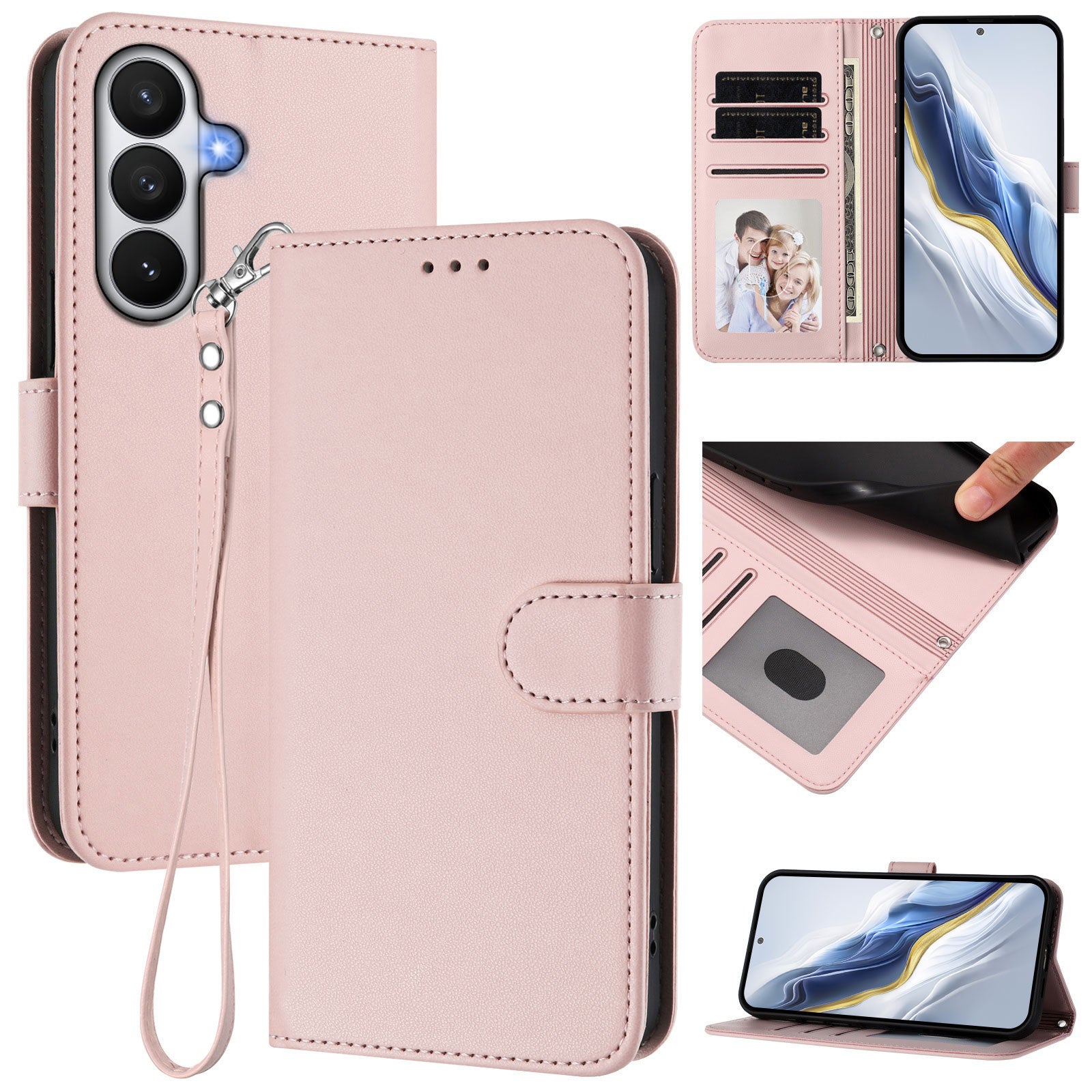 For-Samsung-Galaxy-S26-/-S26-Pro-Leather-Case-Wallet-Stand-Phone-Cover-with-Wrist-Strap-Pink