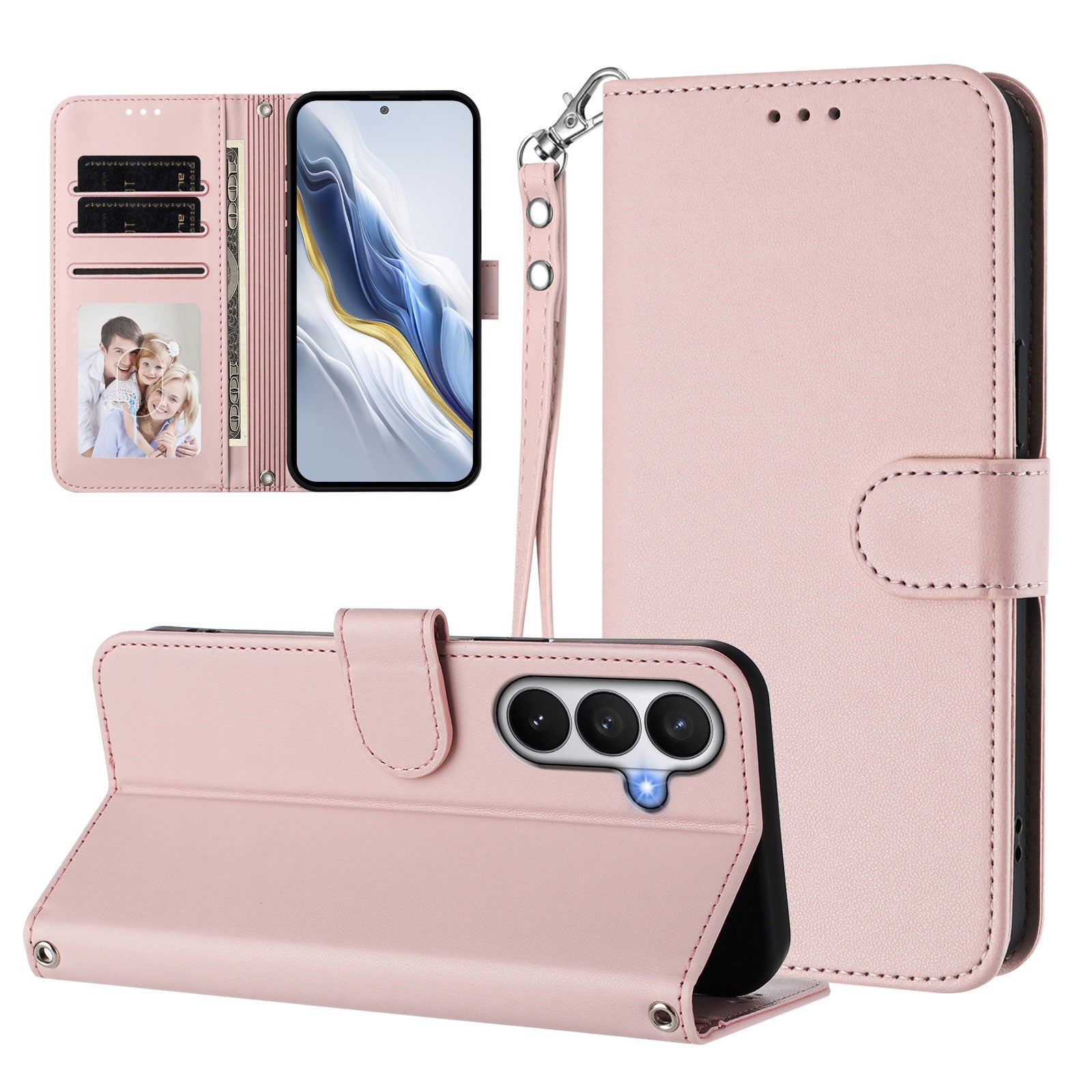 For-Samsung-Galaxy-S26-/-S26-Pro-Leather-Case-Wallet-Stand-Phone-Cover-with-Wrist-Strap-Pink