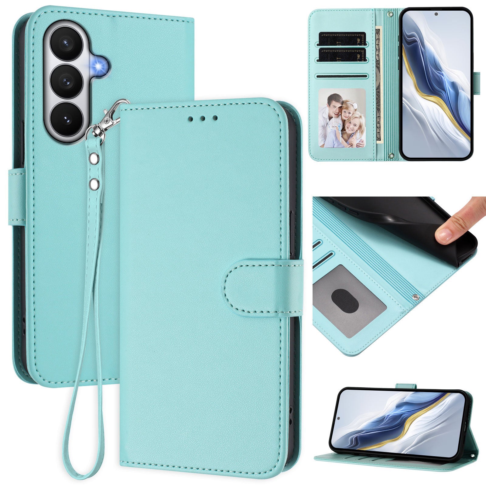 For-Samsung-Galaxy-S26-/-S26-Pro-Leather-Case-Wallet-Stand-Phone-Cover-with-Wrist-Strap-Mint-Green