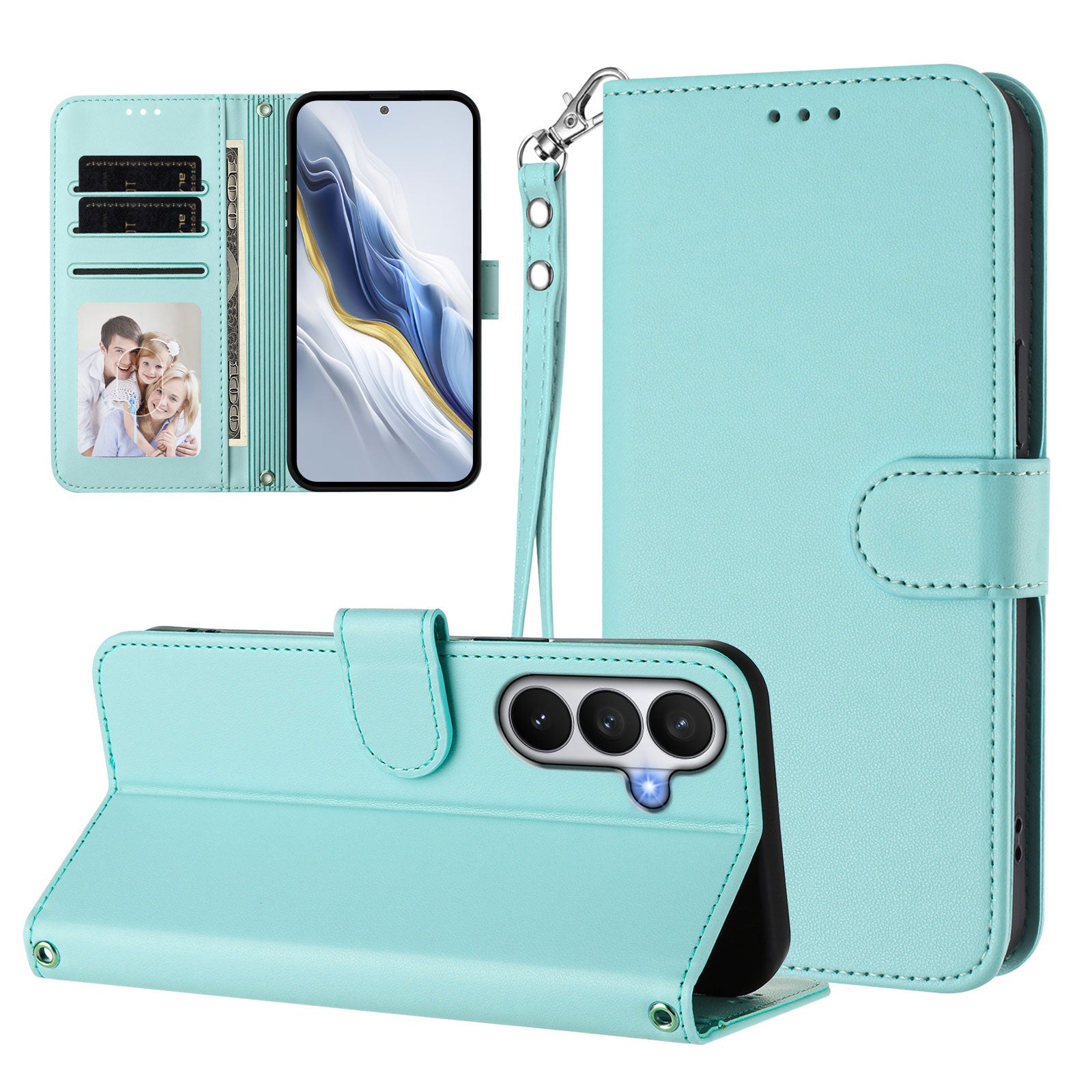 For-Samsung-Galaxy-S26-/-S26-Pro-Leather-Case-Wallet-Stand-Phone-Cover-with-Wrist-Strap-Mint-Green