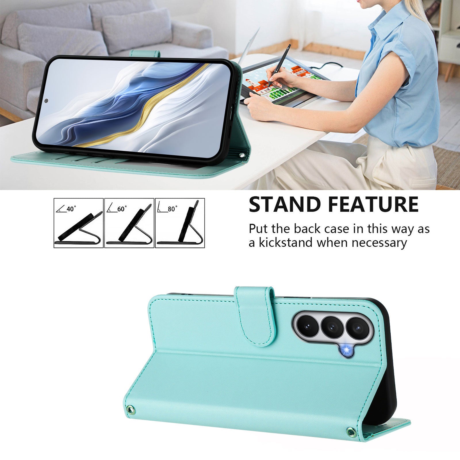 For-Samsung-Galaxy-S26-/-S26-Pro-Leather-Case-Wallet-Stand-Phone-Cover-with-Wrist-Strap-Mint-Green