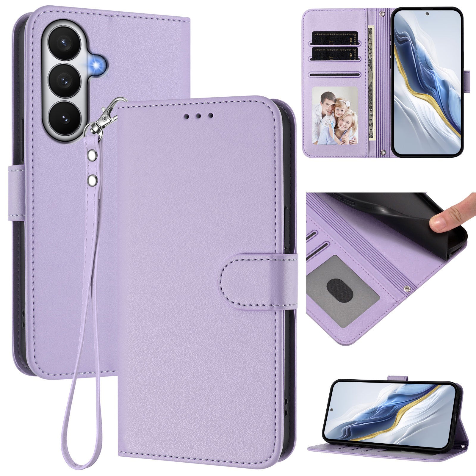 For-Samsung-Galaxy-S26-/-S26-Pro-Leather-Case-Wallet-Stand-Phone-Cover-with-Wrist-Strap-Light-Purple