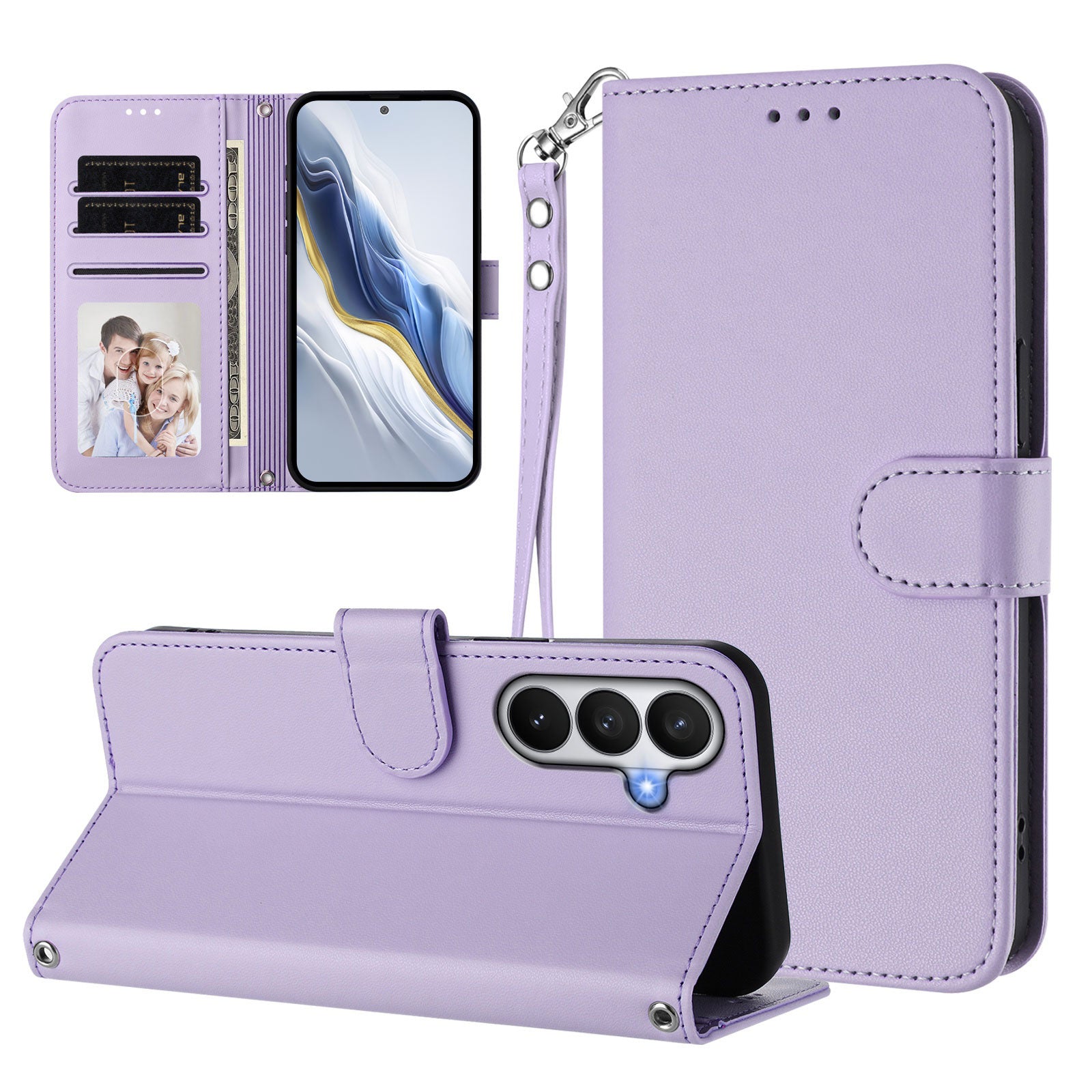 For-Samsung-Galaxy-S26-/-S26-Pro-Leather-Case-Wallet-Stand-Phone-Cover-with-Wrist-Strap-Light-Purple