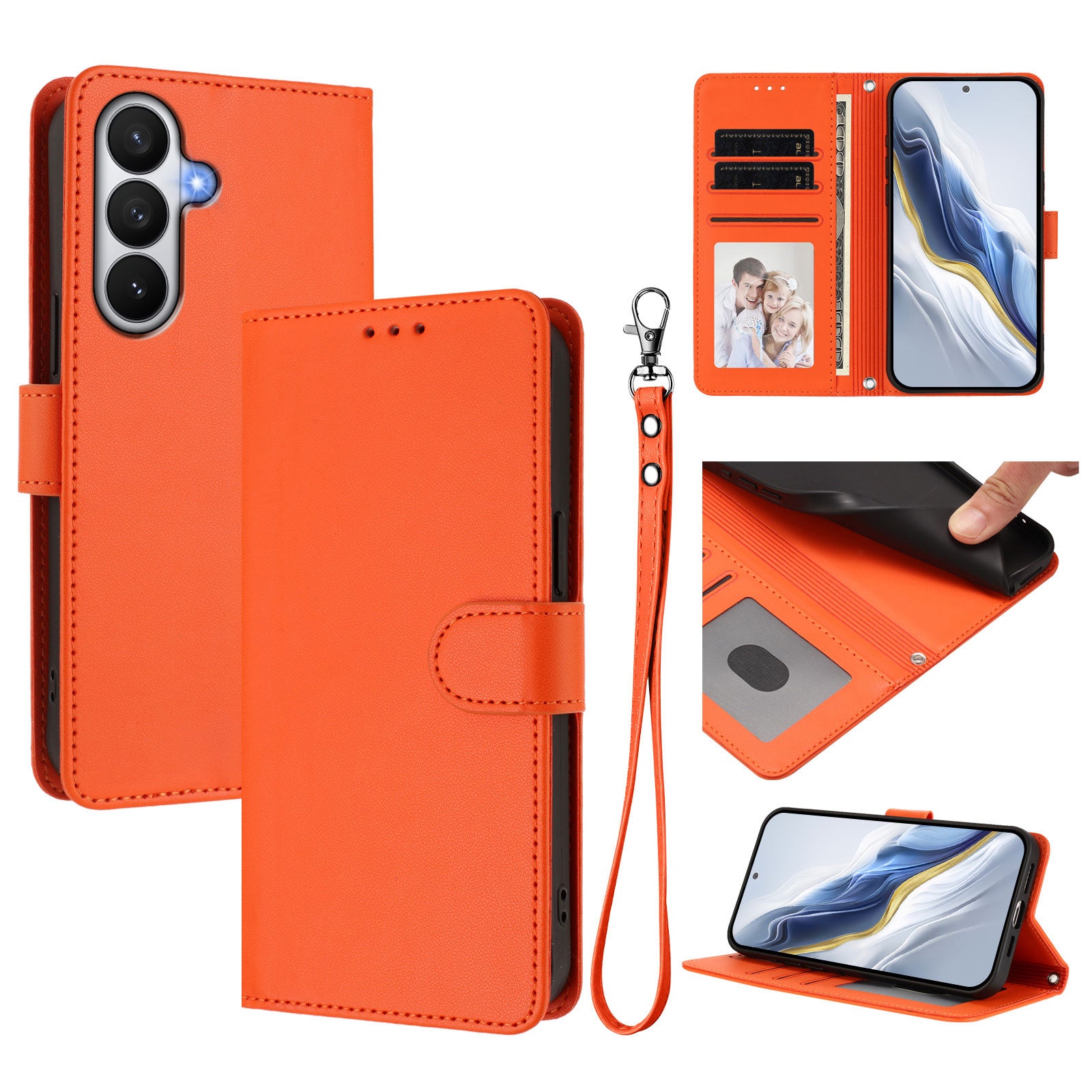 For-Samsung-Galaxy-S26-/-S26-Pro-Leather-Case-Wallet-Stand-Phone-Cover-with-Wrist-Strap-Orange