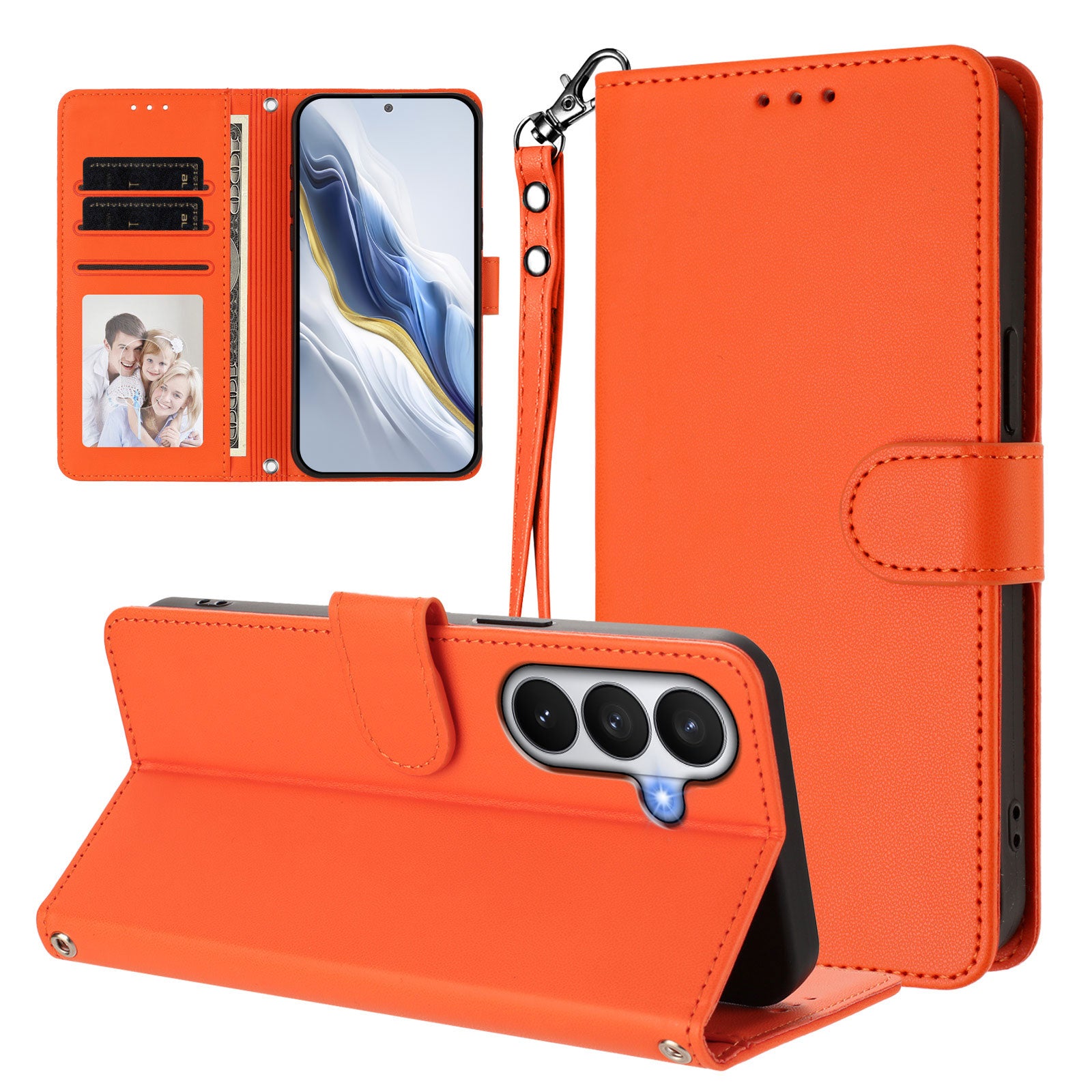 For-Samsung-Galaxy-S26-/-S26-Pro-Leather-Case-Wallet-Stand-Phone-Cover-with-Wrist-Strap-Orange