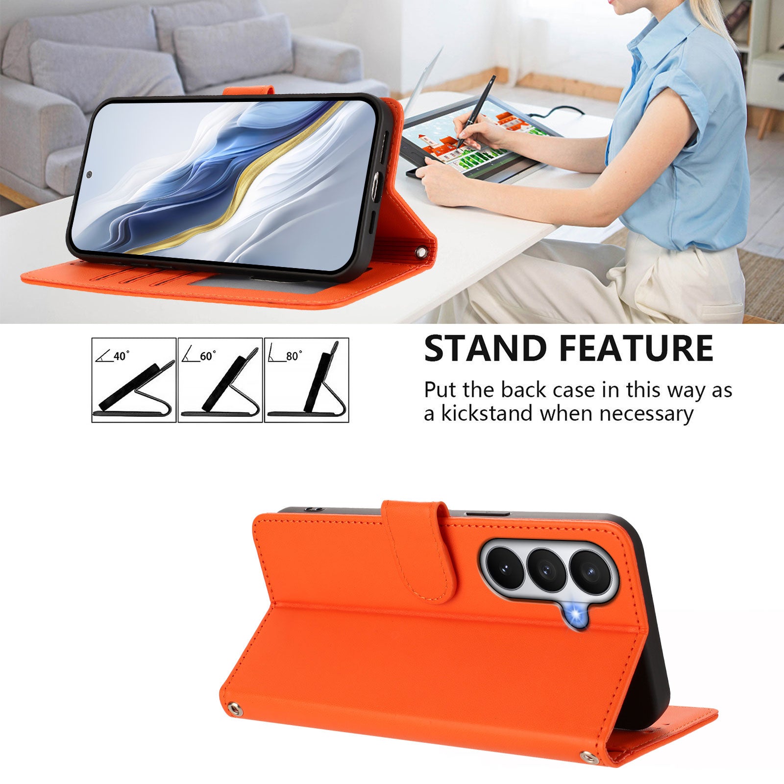 For-Samsung-Galaxy-S26-/-S26-Pro-Leather-Case-Wallet-Stand-Phone-Cover-with-Wrist-Strap-Orange