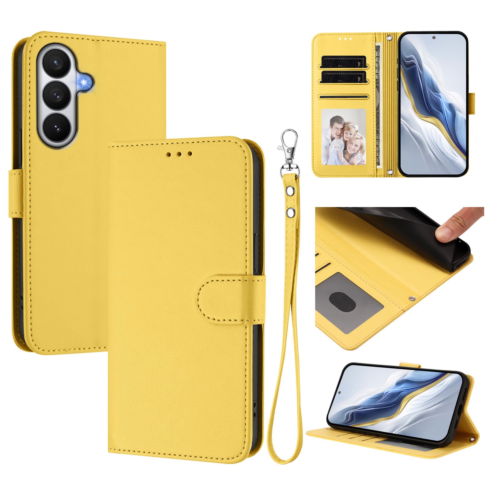 For-Samsung-Galaxy-S26-/-S26-Pro-Leather-Case-Wallet-Stand-Phone-Cover-with-Wrist-Strap-Yellow