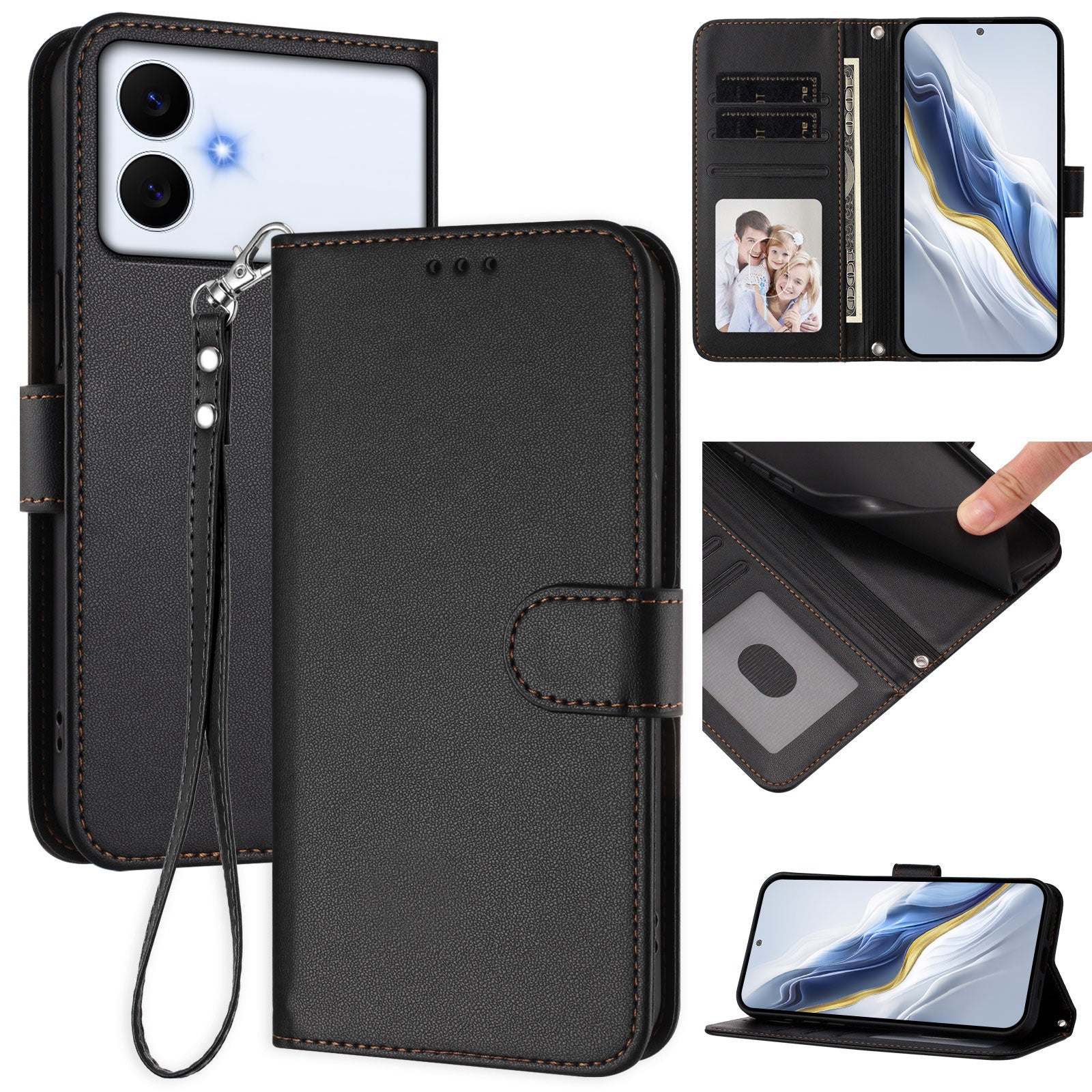 For-Samsung-Galaxy-S26-Edge-Leather-Case-Wallet-Stand-Phone-Cover-with-Wrist-Strap-Black