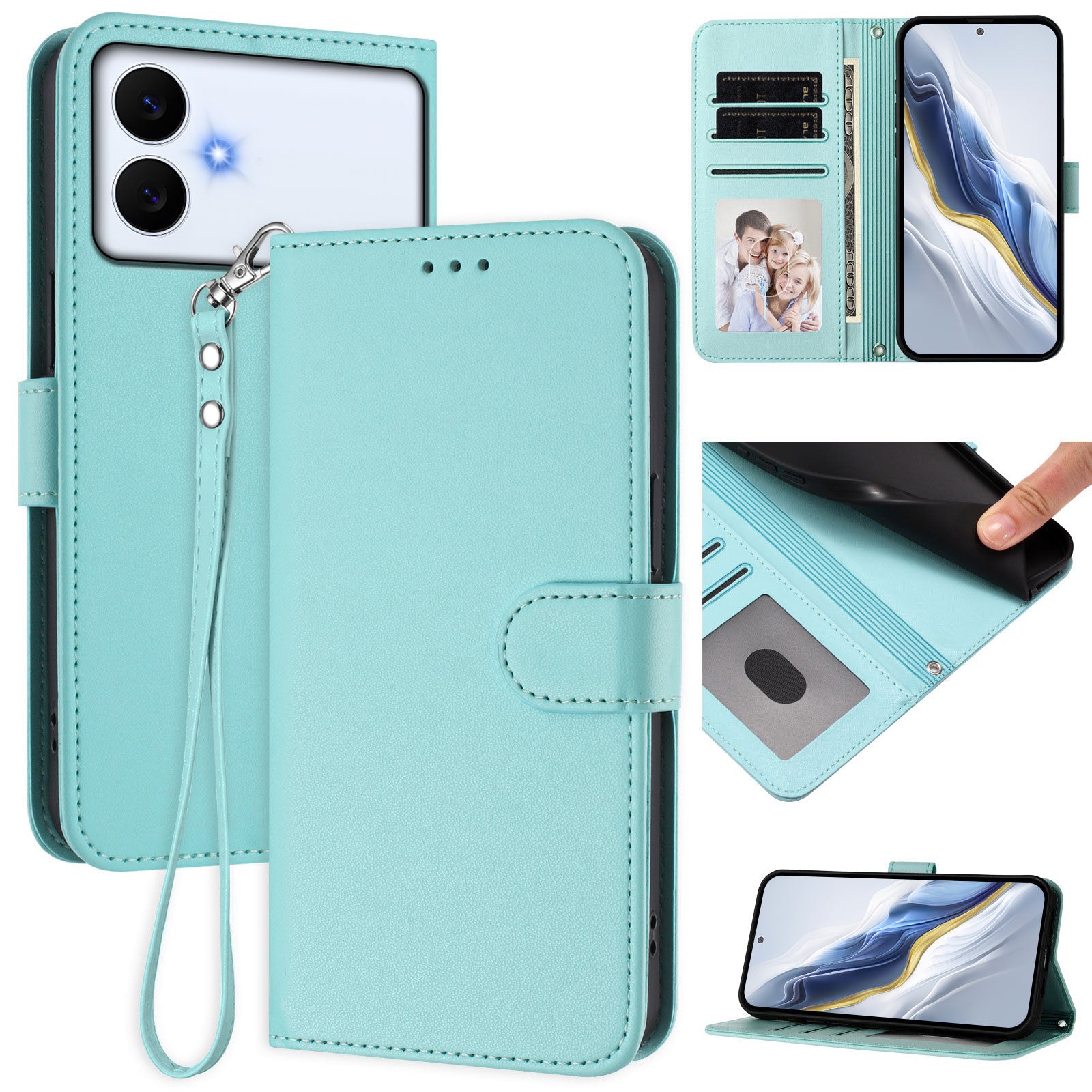 For-Samsung-Galaxy-S26-Edge-Leather-Case-Wallet-Stand-Phone-Cover-with-Wrist-Strap-Mint-Green