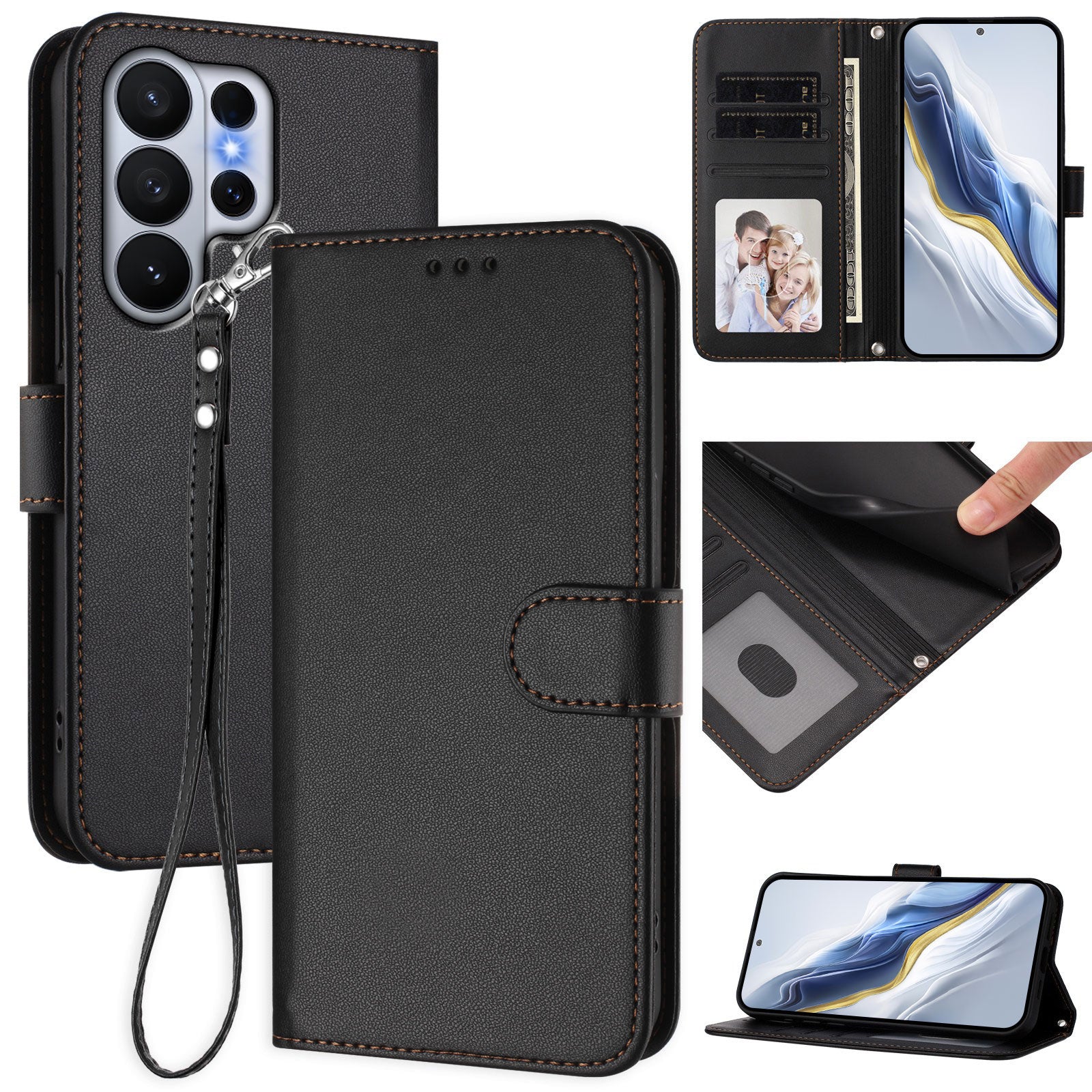 For-Samsung-Galaxy-S26-Ultra-Leather-Case-Wallet-Stand-Phone-Cover-with-Wrist-Strap-Black