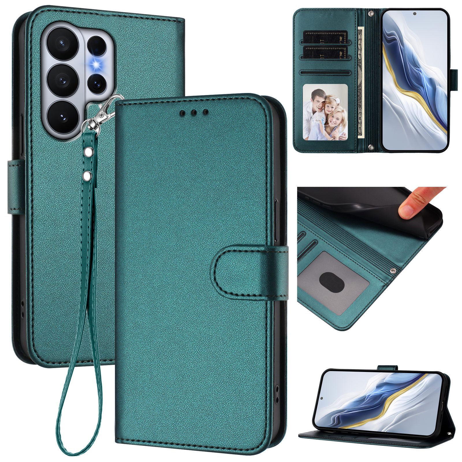 For-Samsung-Galaxy-S26-Ultra-Leather-Case-Wallet-Stand-Phone-Cover-with-Wrist-Strap-Green