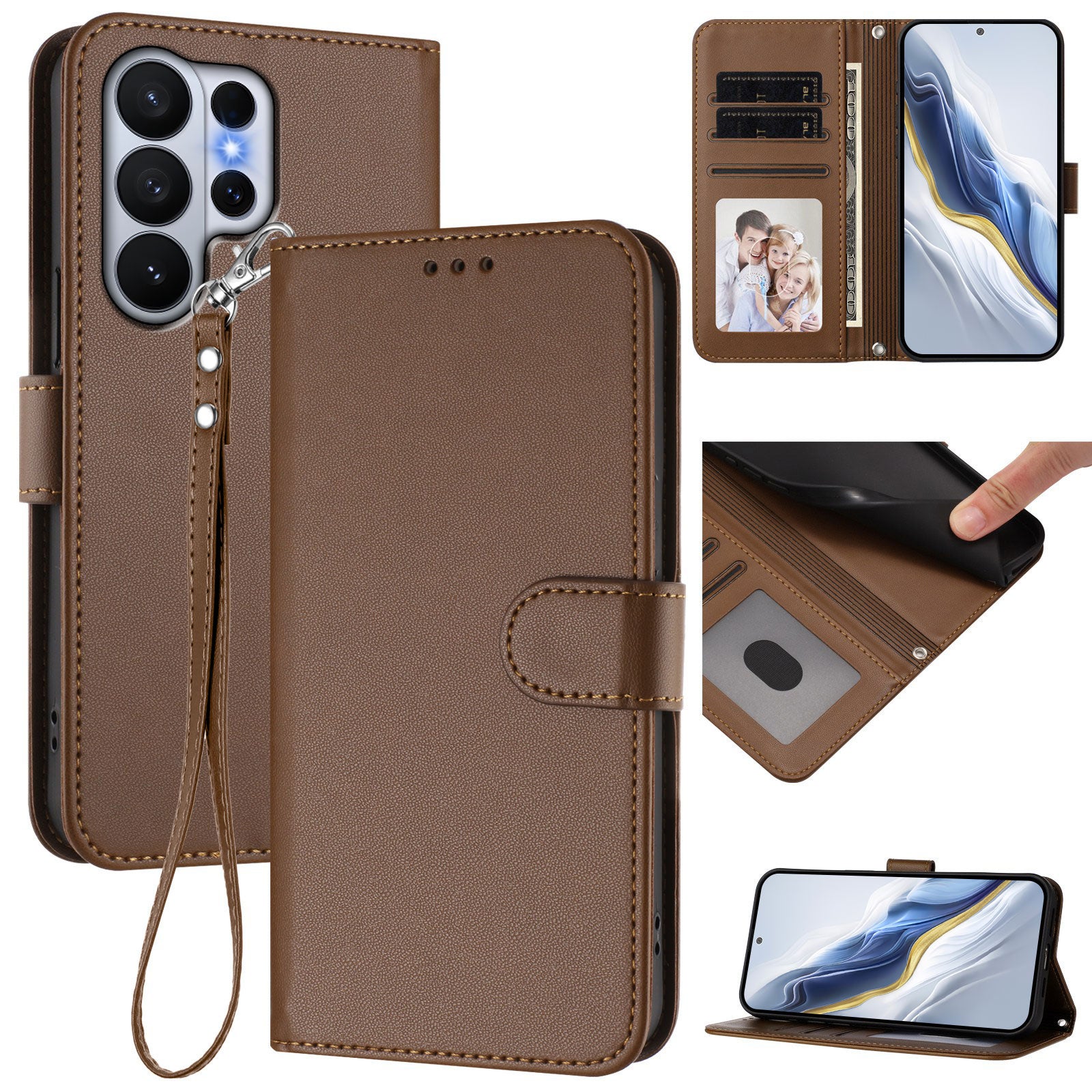 For-Samsung-Galaxy-S26-Ultra-Leather-Case-Wallet-Stand-Phone-Cover-with-Wrist-Strap-Brown