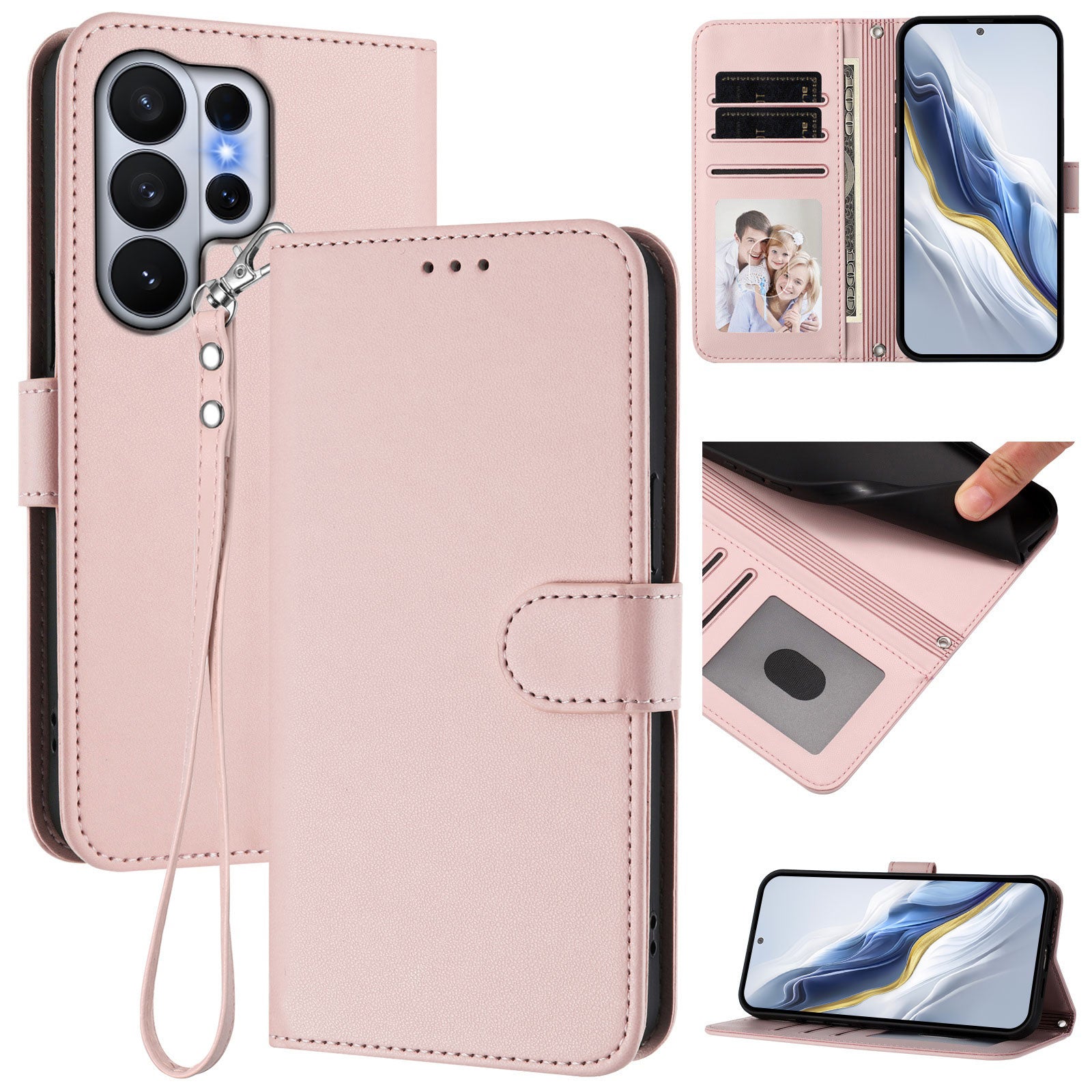 For-Samsung-Galaxy-S26-Ultra-Leather-Case-Wallet-Stand-Phone-Cover-with-Wrist-Strap-Pink