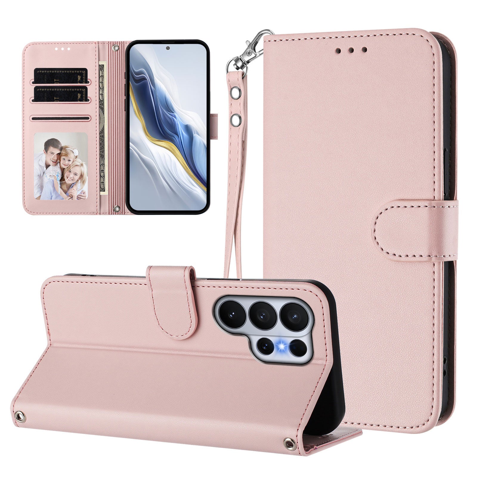For-Samsung-Galaxy-S26-Ultra-Leather-Case-Wallet-Stand-Phone-Cover-with-Wrist-Strap-Pink
