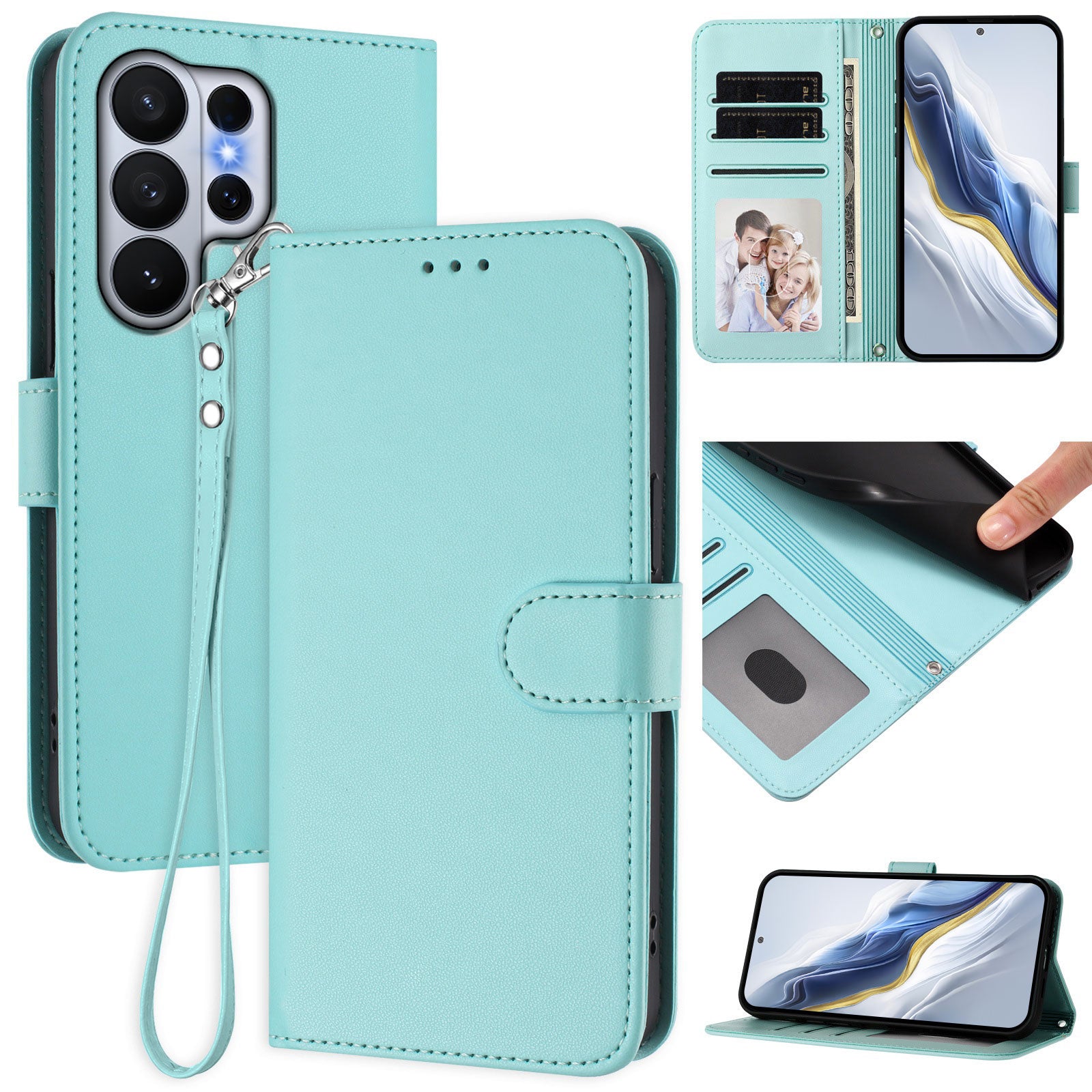 For-Samsung-Galaxy-S26-Ultra-Leather-Case-Wallet-Stand-Phone-Cover-with-Wrist-Strap-Mint-Green