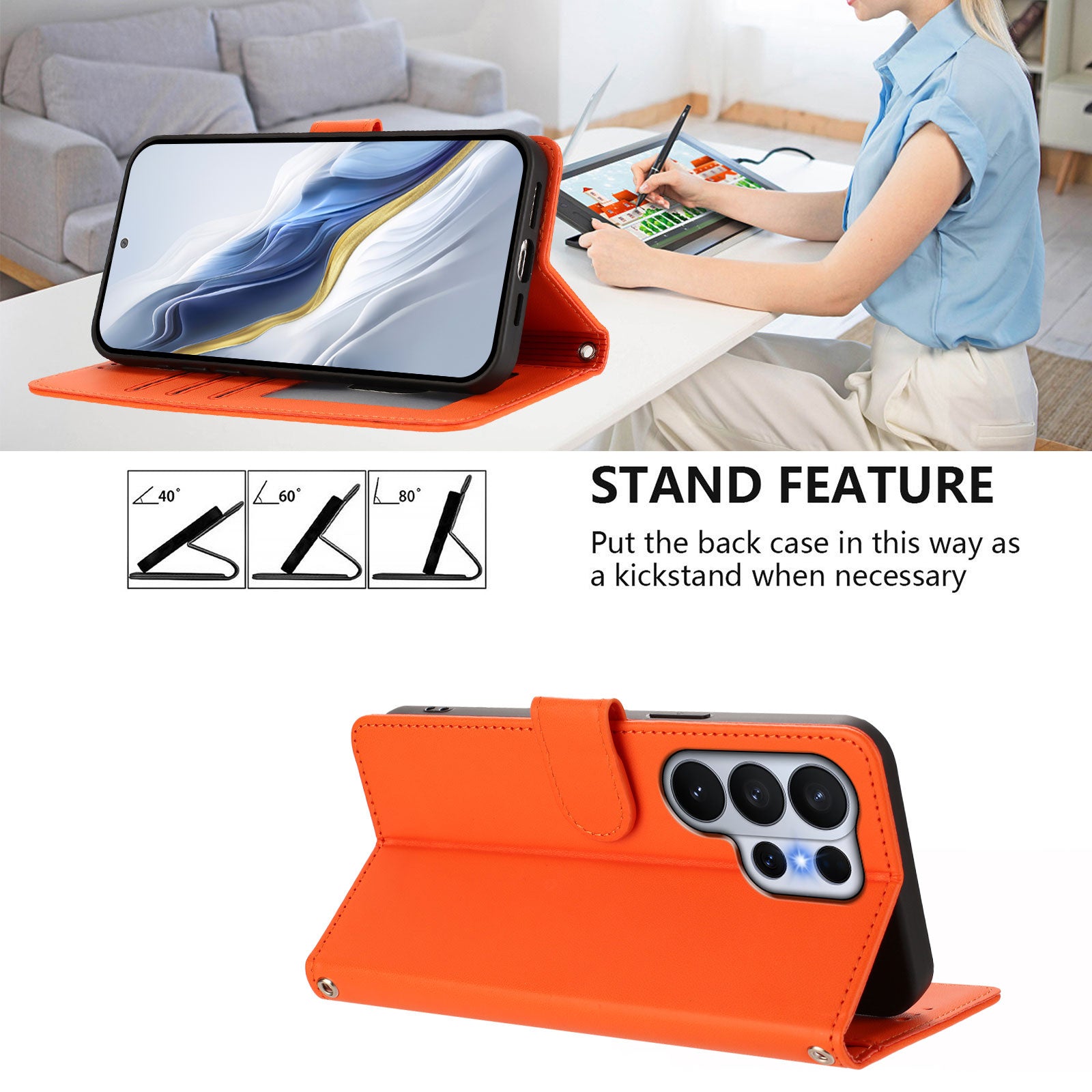 For-Samsung-Galaxy-S26-Ultra-Leather-Case-Wallet-Stand-Phone-Cover-with-Wrist-Strap-Orange