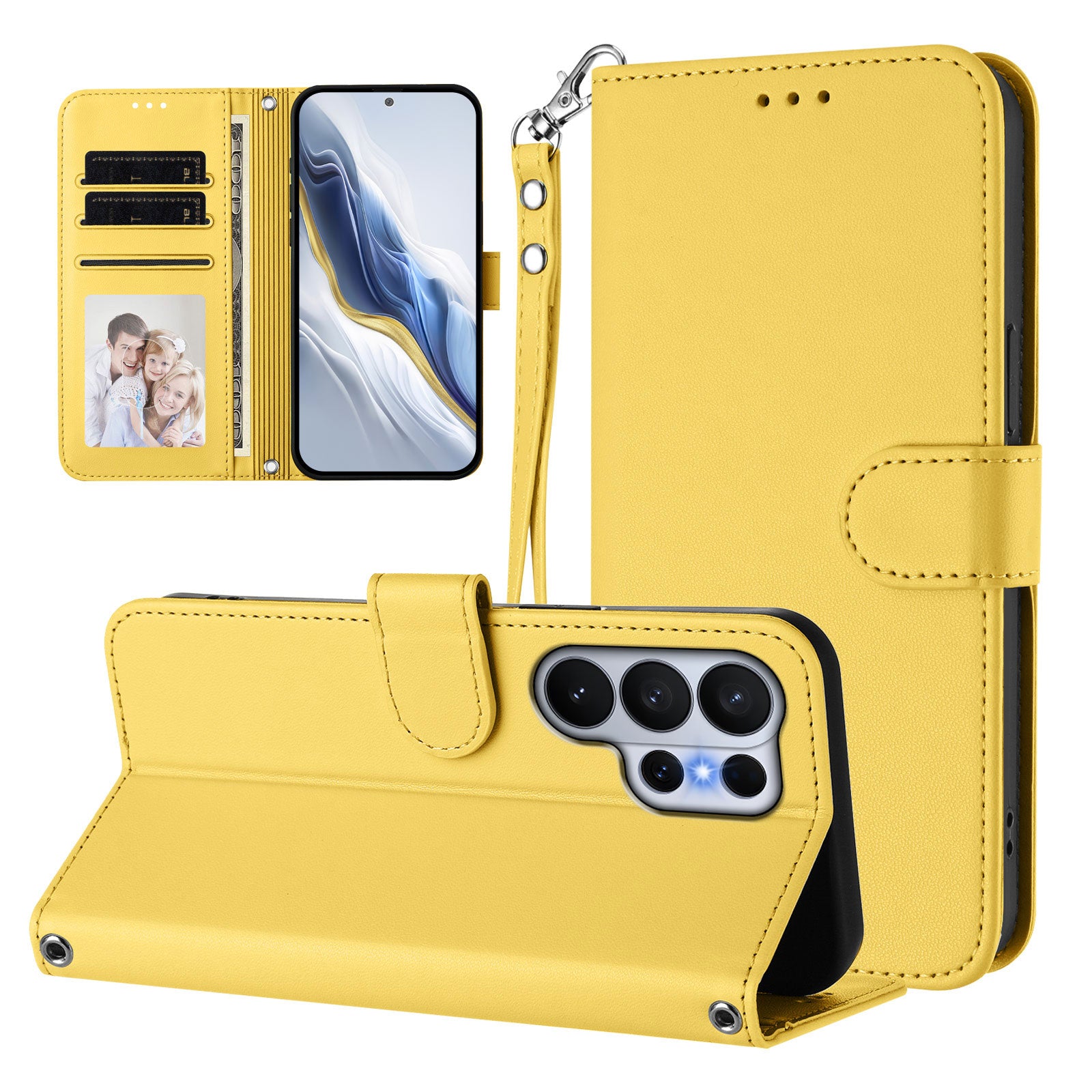 For-Samsung-Galaxy-S26-Ultra-Leather-Case-Wallet-Stand-Phone-Cover-with-Wrist-Strap-Yellow