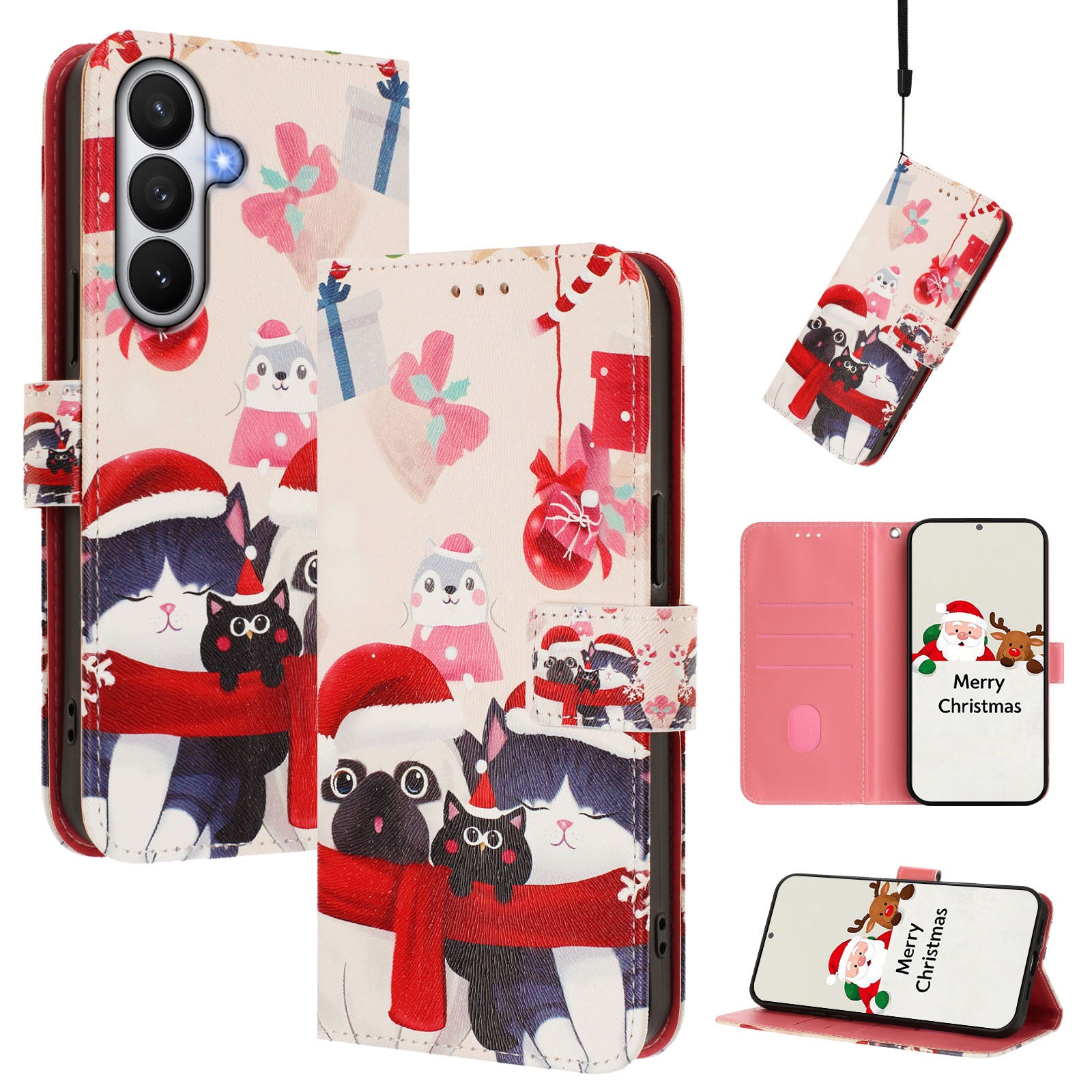 For-Samsung-Galaxy-S26-/-S26-Pro-Wallet-Case-Christmas-Pattern-Printing-Leather-Phone-Cover-with-Lanyard-Christmas-Animals