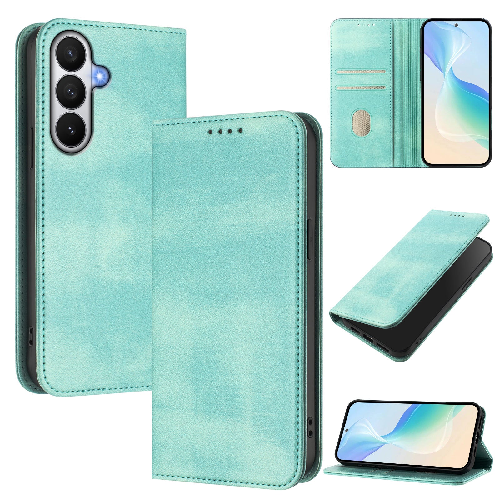 For-Samsung-Galaxy-S26-/-S26-Pro-Wallet-Cases-Retro-Texture-RFID-Blocking-Leather-Phone-Cover-Mint-Green