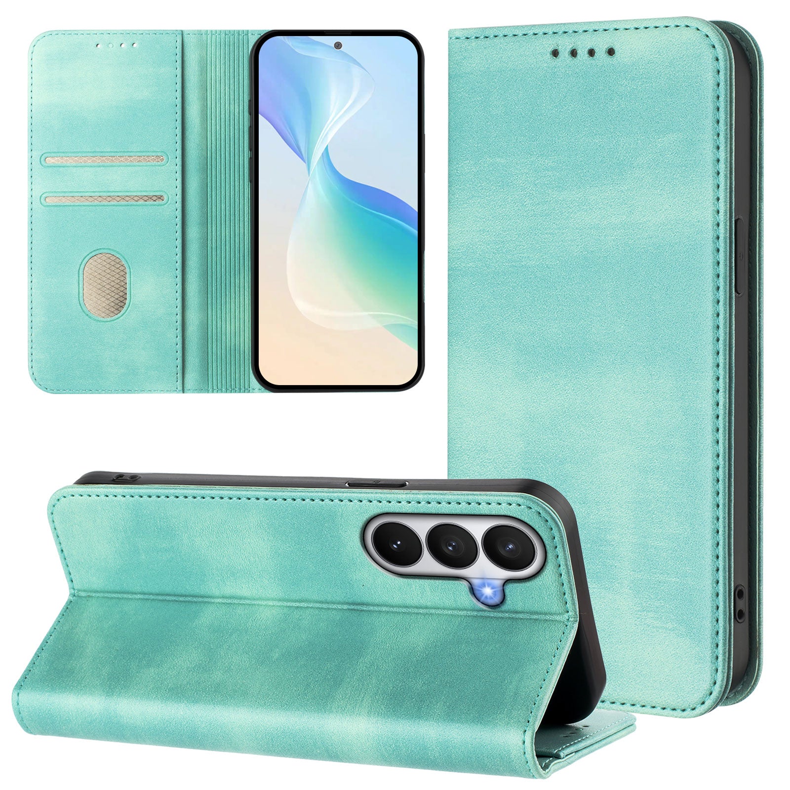 For-Samsung-Galaxy-S26-/-S26-Pro-Wallet-Cases-Retro-Texture-RFID-Blocking-Leather-Phone-Cover-Mint-Green