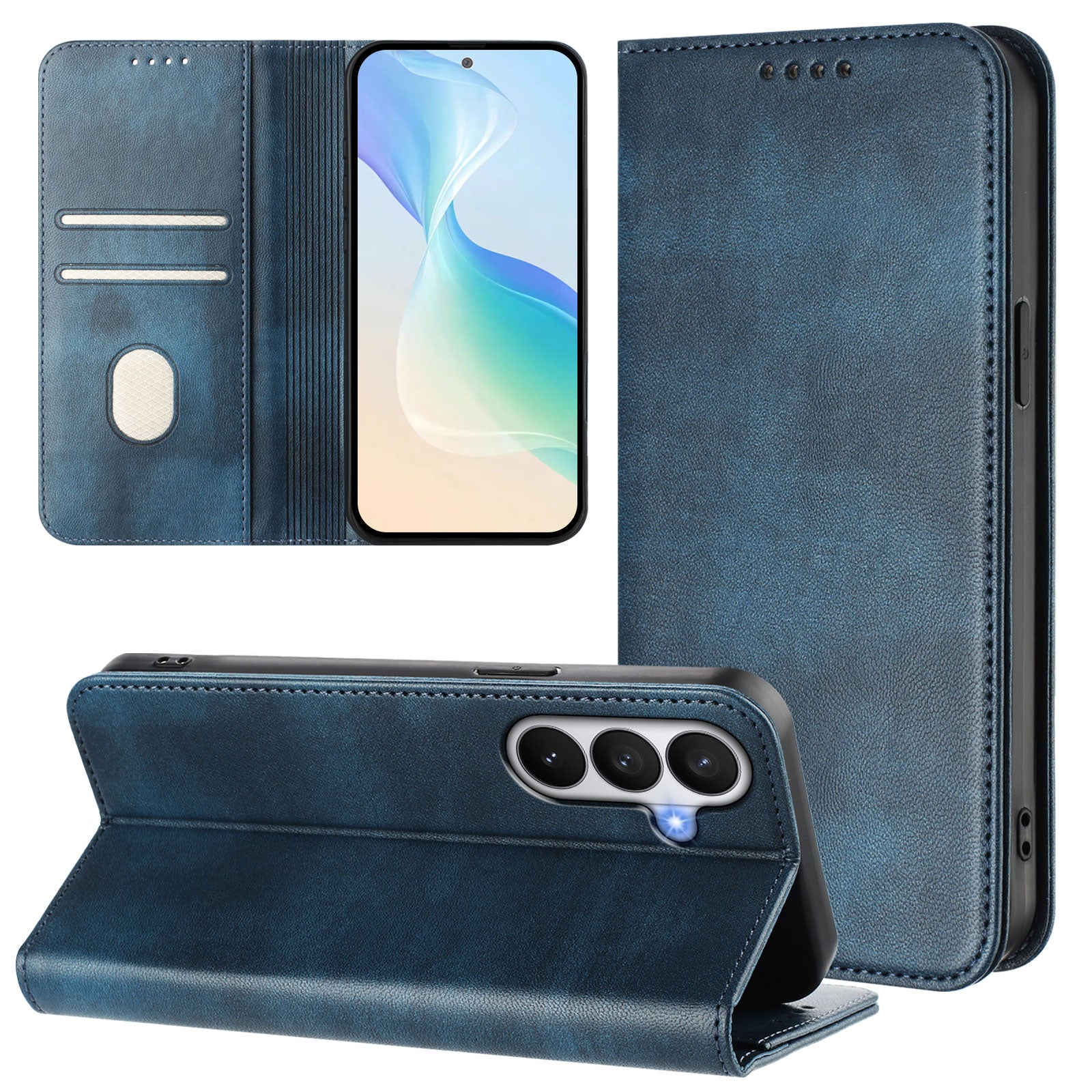 For-Samsung-Galaxy-S26-/-S26-Pro-Wallet-Cases-Retro-Texture-RFID-Blocking-Leather-Phone-Cover-Blue