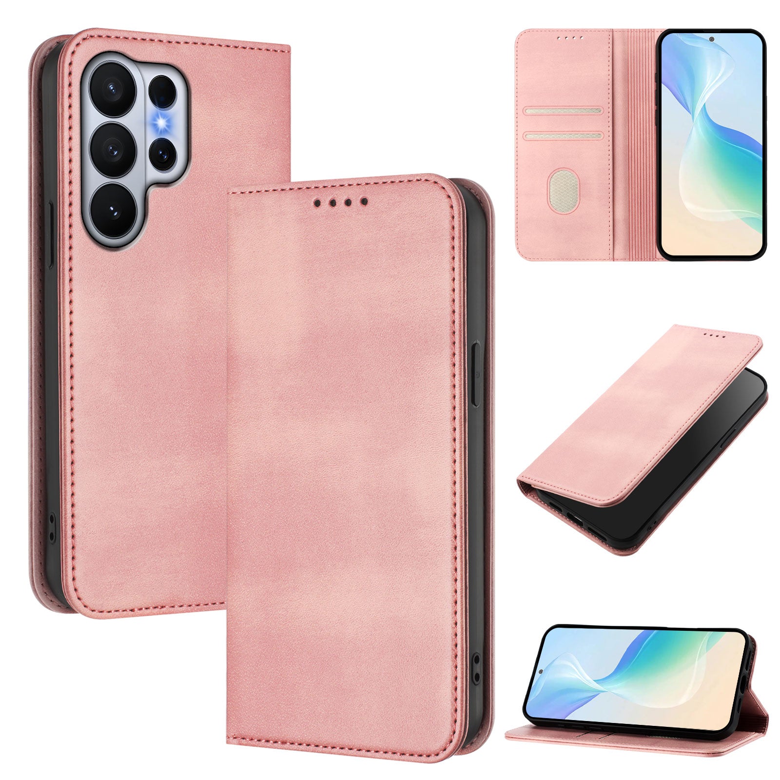 For-Samsung-Galaxy-S26-Ultra-Wallet-Cases-Retro-Texture-RFID-Blocking-Leather-Phone-Cover-Pink
