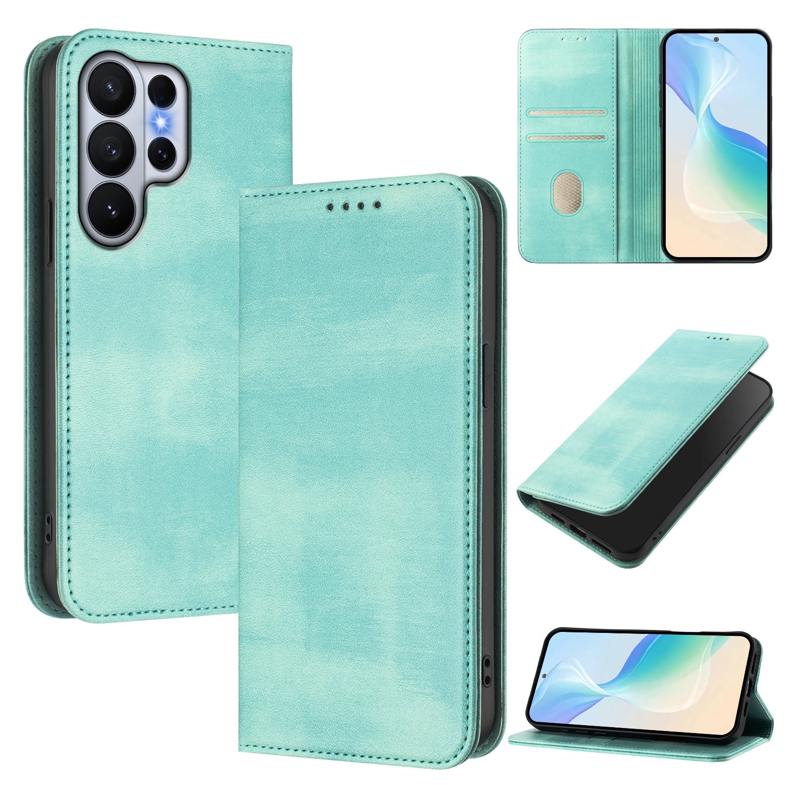 For-Samsung-Galaxy-S26-Ultra-Wallet-Cases-Retro-Texture-RFID-Blocking-Leather-Phone-Cover-Mint-Green