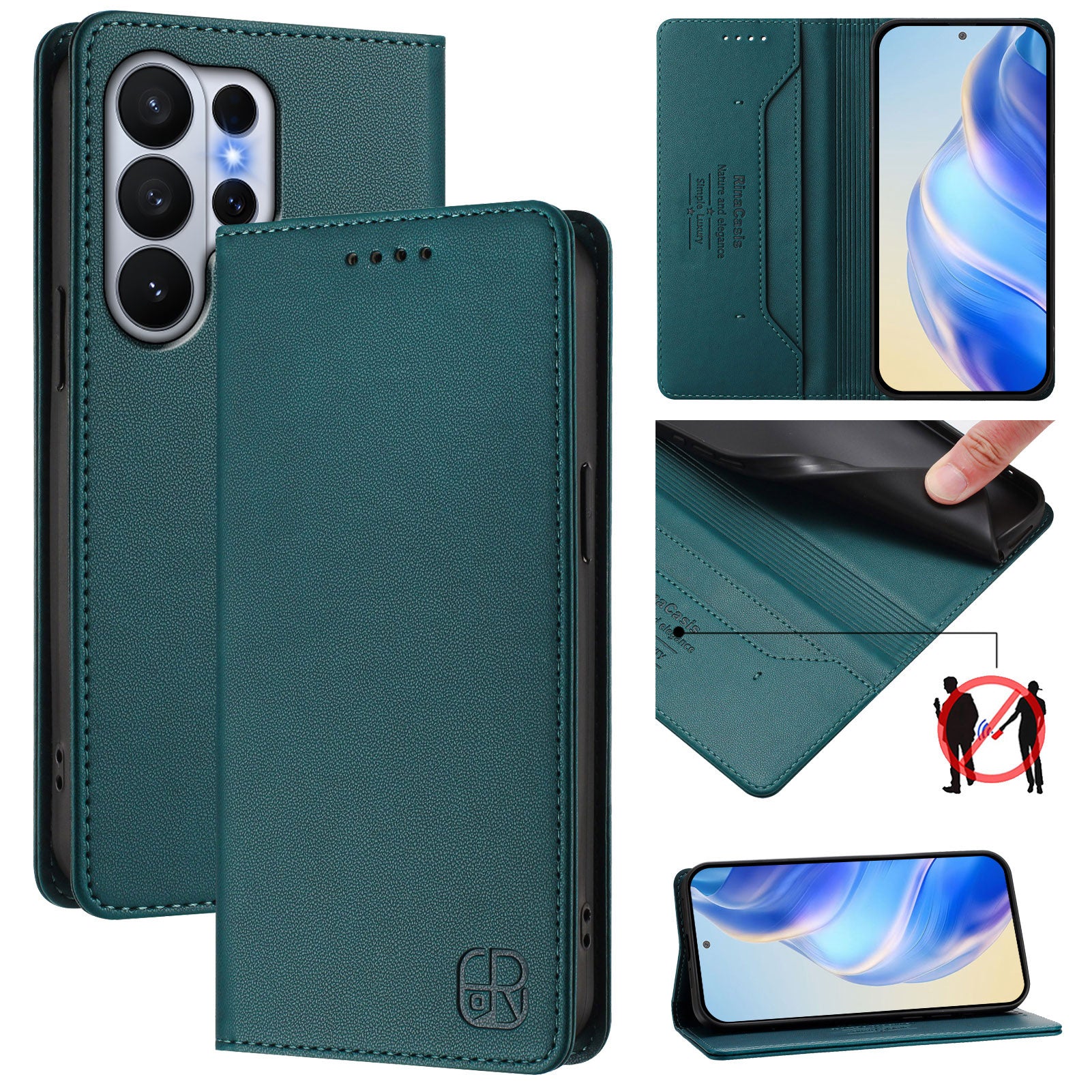 For-Samsung-Galaxy-S26-Ultra-Leather-Case-RINACASIS-RC01-Phone-Cover-with-RFID-Blocking-Wallet-Stand-Dark-Green