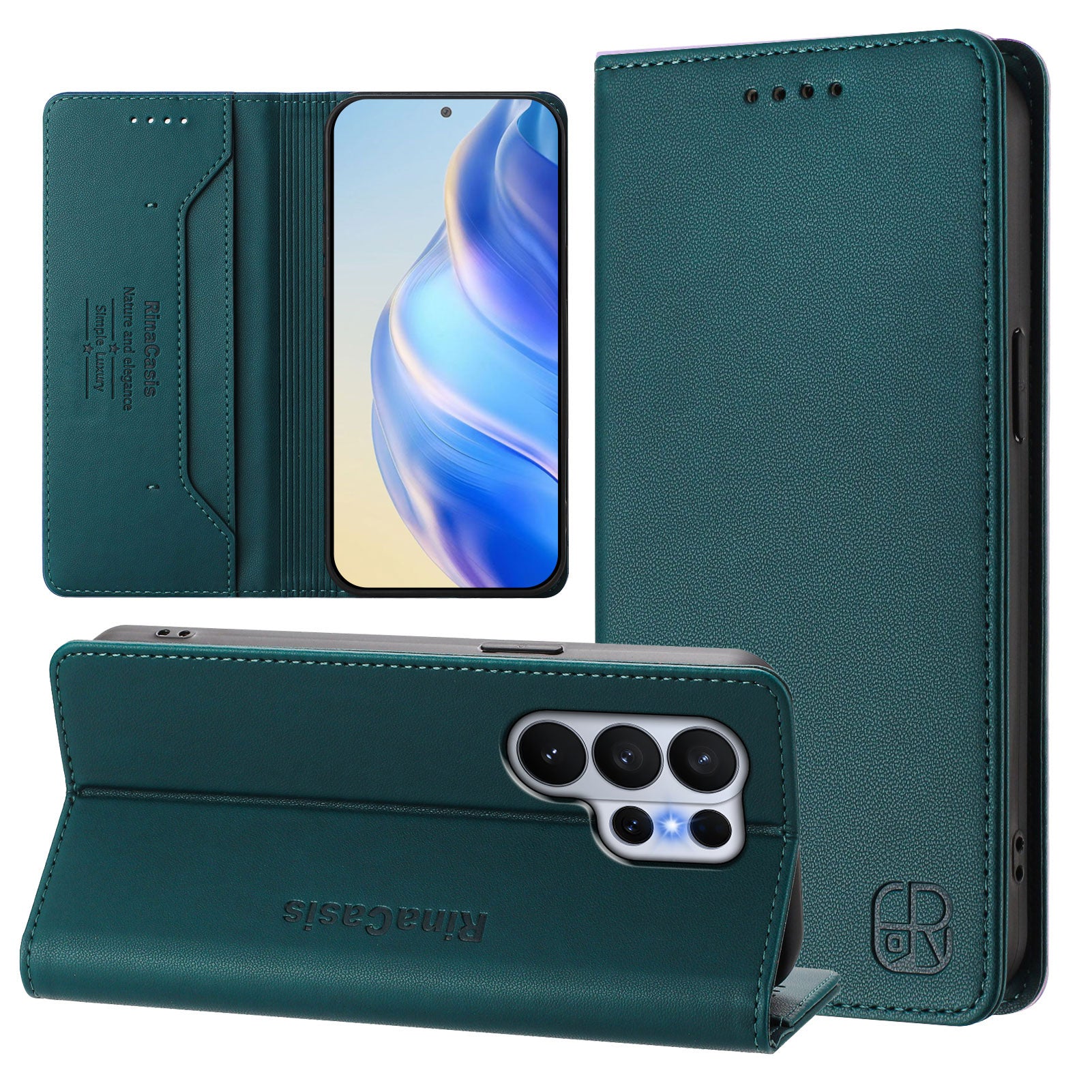 For-Samsung-Galaxy-S26-Ultra-Leather-Case-RINACASIS-RC01-Phone-Cover-with-RFID-Blocking-Wallet-Stand-Dark-Green