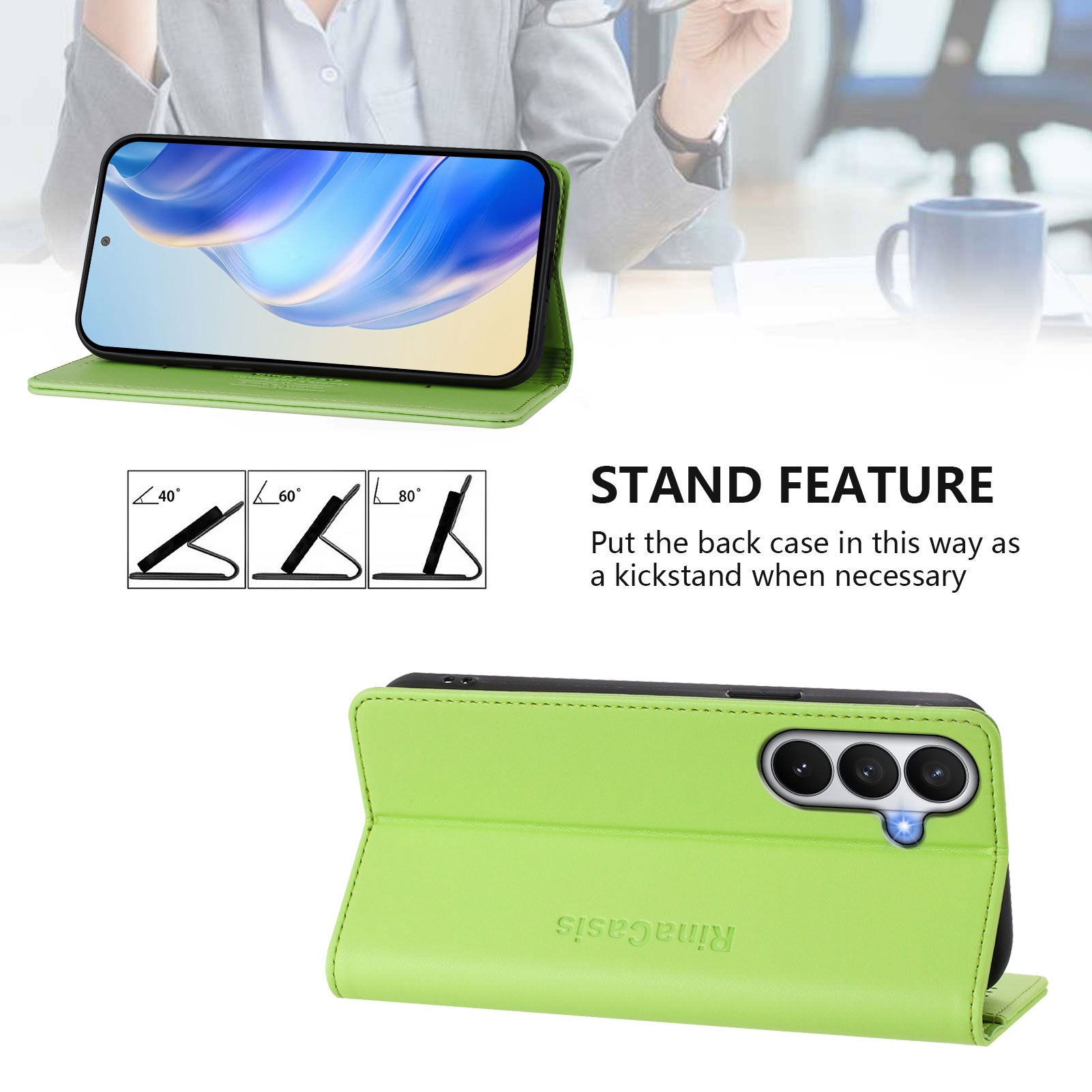 For-Samsung-Galaxy-S26-/-S26-Pro-Leather-Case-RINACASIS-RC01-Phone-Cover-with-RFID-Blocking-Wallet-Stand-Green