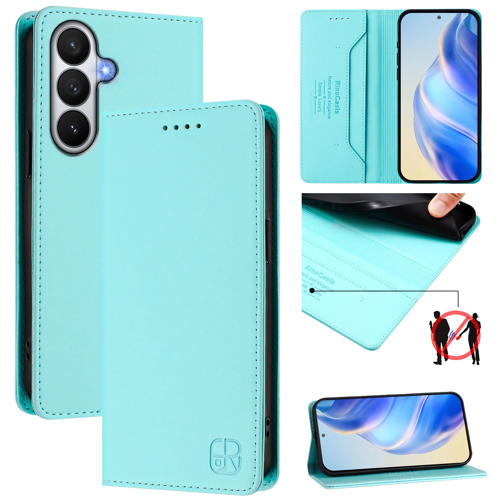 For-Samsung-Galaxy-S26-/-S26-Pro-Leather-Case-RINACASIS-RC01-Phone-Cover-with-RFID-Blocking-Wallet-Stand-Mint-Green