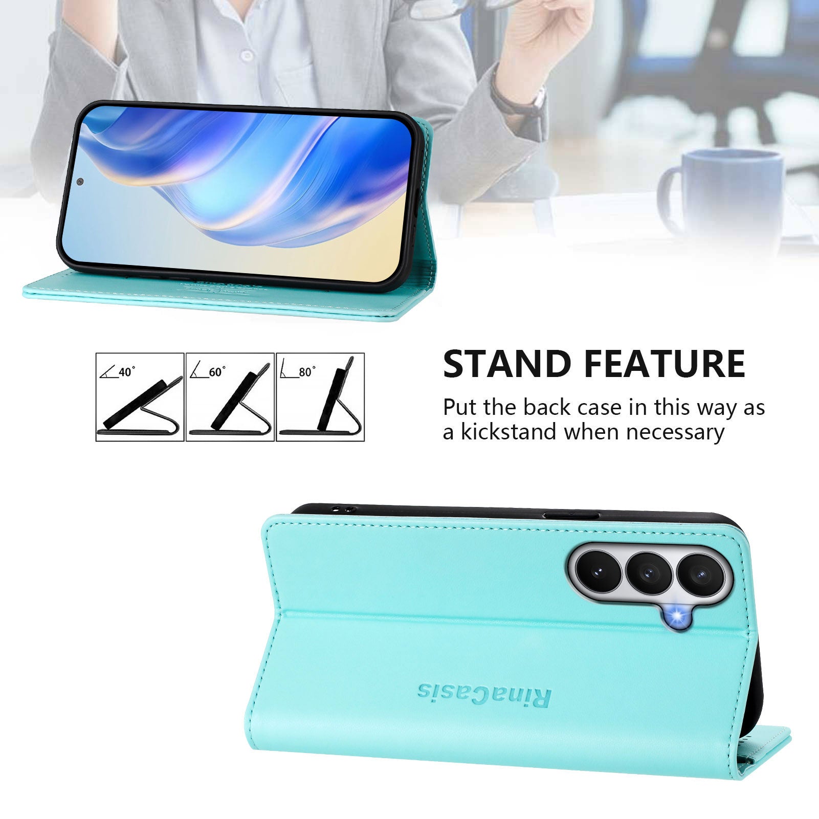 For-Samsung-Galaxy-S26-/-S26-Pro-Leather-Case-RINACASIS-RC01-Phone-Cover-with-RFID-Blocking-Wallet-Stand-Mint-Green