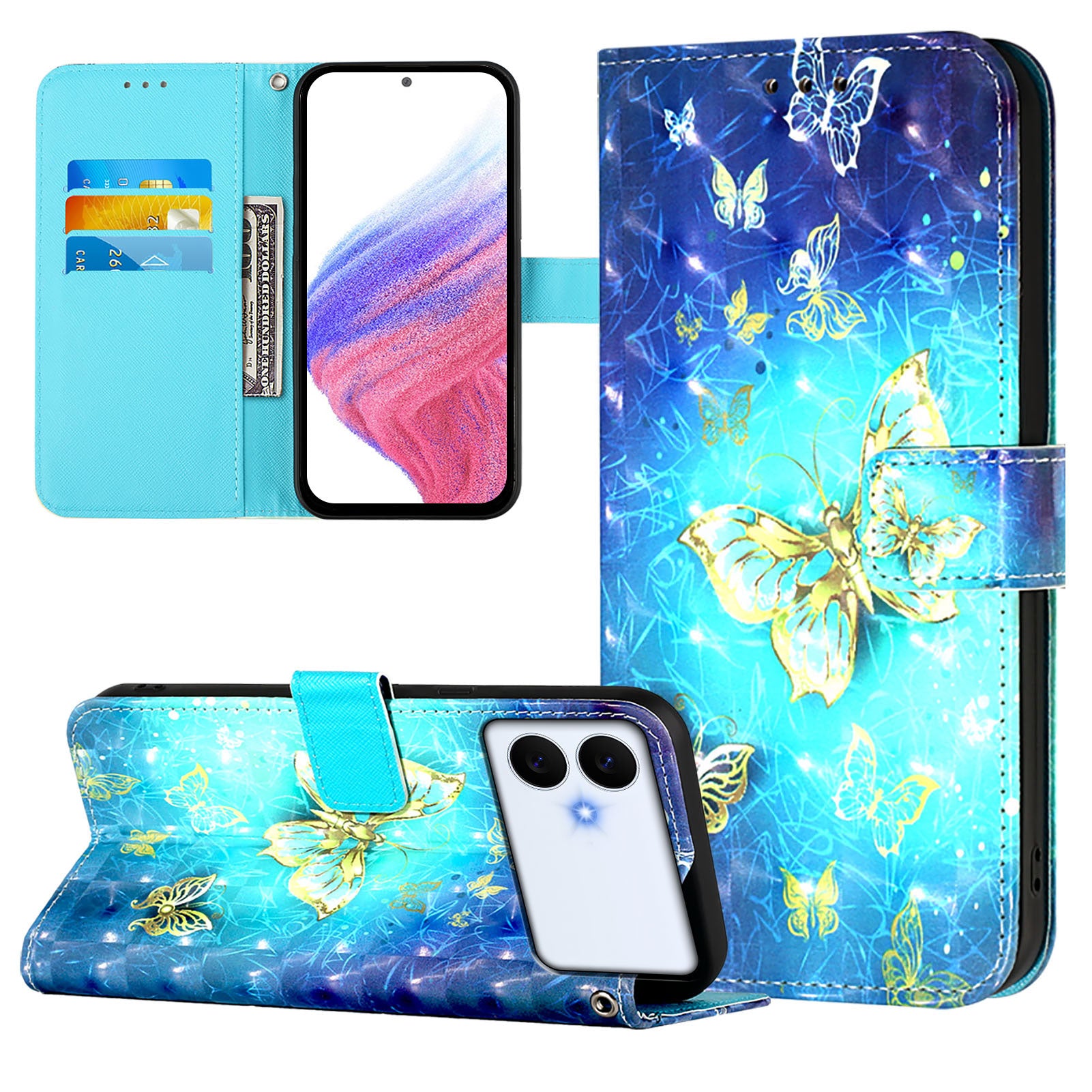 For-Samsung-Galaxy-S26-Edge-Leather-Case-Pattern-Printing-Wallet-Stand-Mobile-Cover-with-Strap-Golden-Butterflies