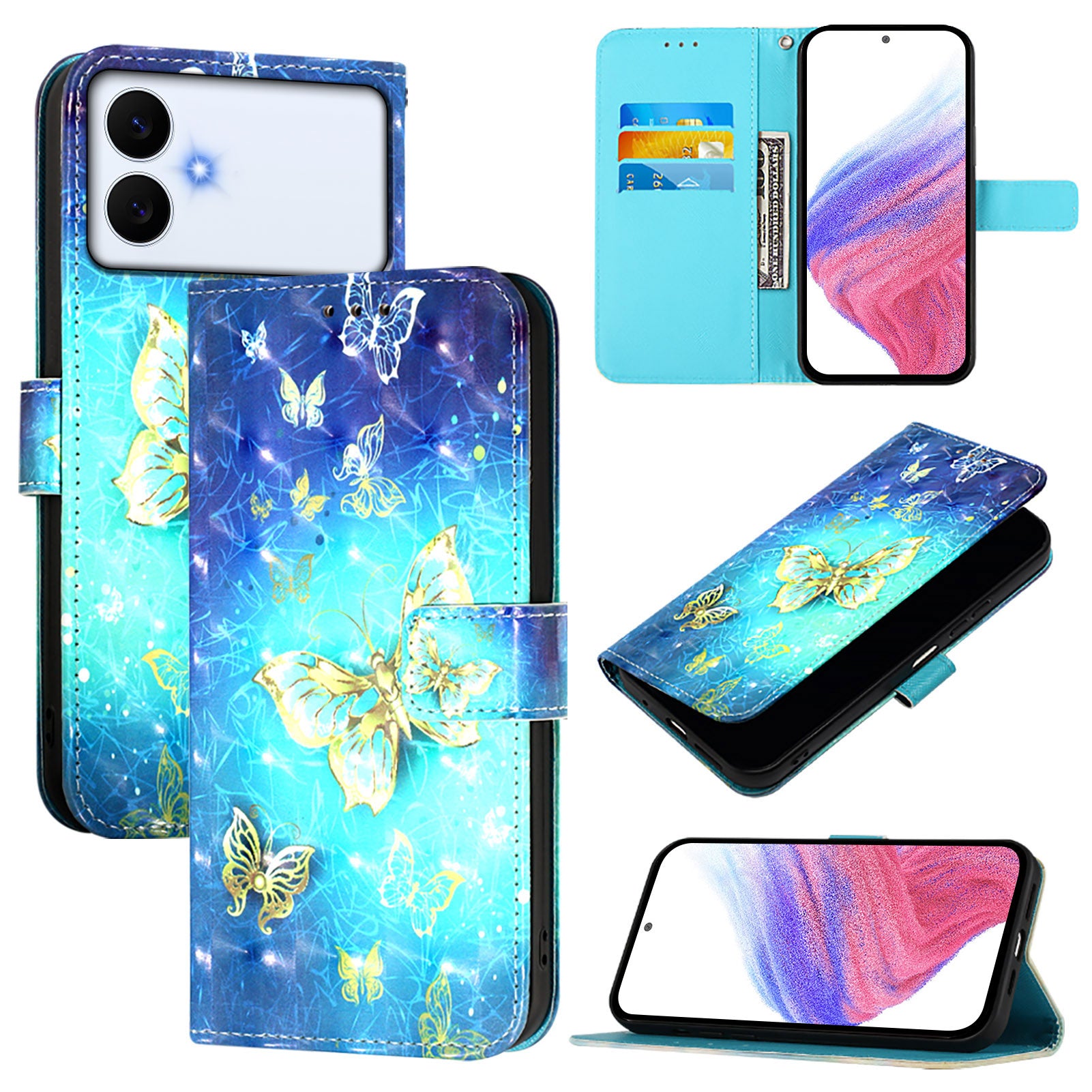 For-Samsung-Galaxy-S26-Edge-Leather-Case-Pattern-Printing-Wallet-Stand-Mobile-Cover-with-Strap-Golden-Butterflies