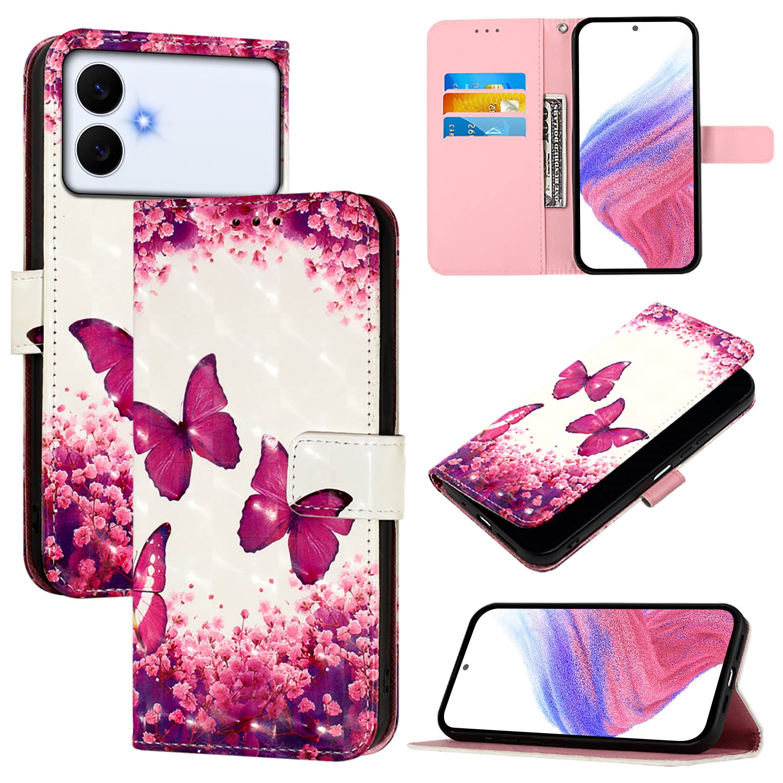 For-Samsung-Galaxy-S26-Edge-Leather-Case-Pattern-Printing-Wallet-Stand-Mobile-Cover-with-Strap-Rose-Butterflies