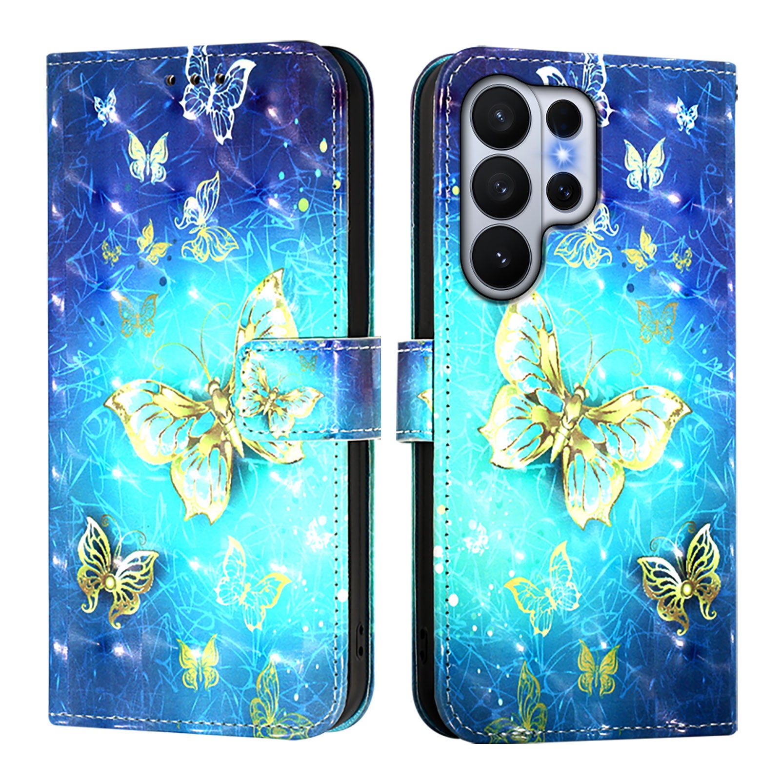 For-Samsung-Galaxy-S26-Ultra-Leather-Case-Pattern-Printing-Wallet-Stand-Mobile-Cover-with-Strap-Golden-Butterflies