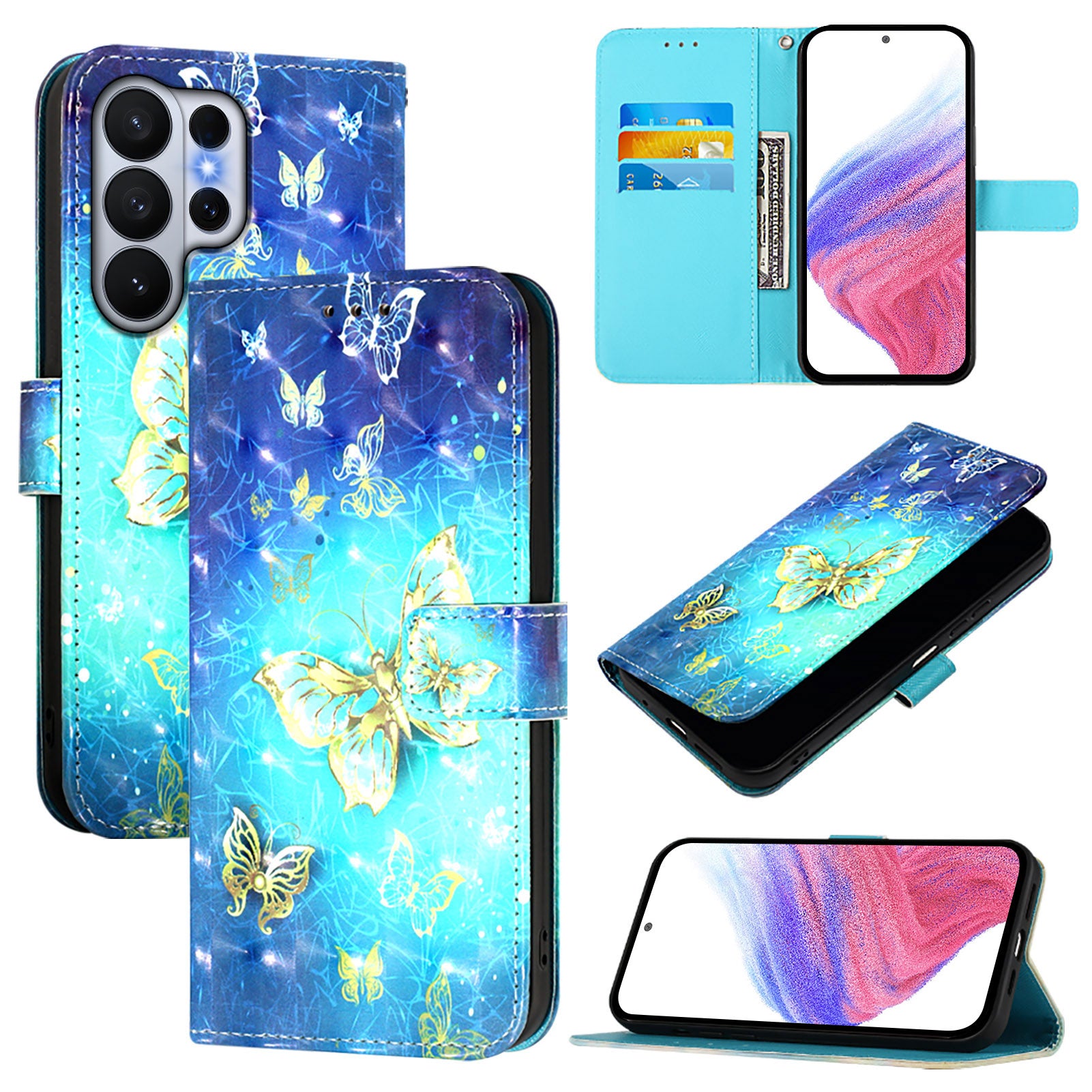For-Samsung-Galaxy-S26-Ultra-Leather-Case-Pattern-Printing-Wallet-Stand-Mobile-Cover-with-Strap-Golden-Butterflies