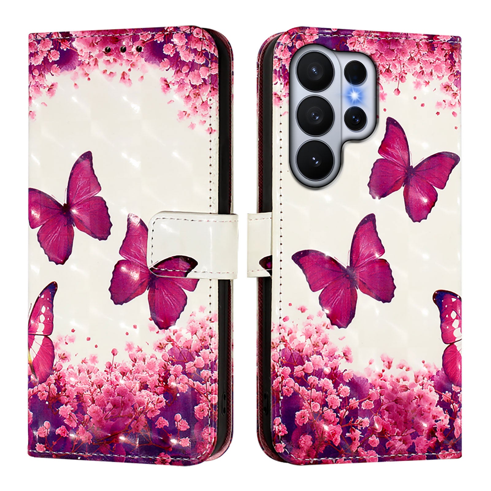 For-Samsung-Galaxy-S26-Ultra-Leather-Case-Pattern-Printing-Wallet-Stand-Mobile-Cover-with-Strap-Rose-Butterflies