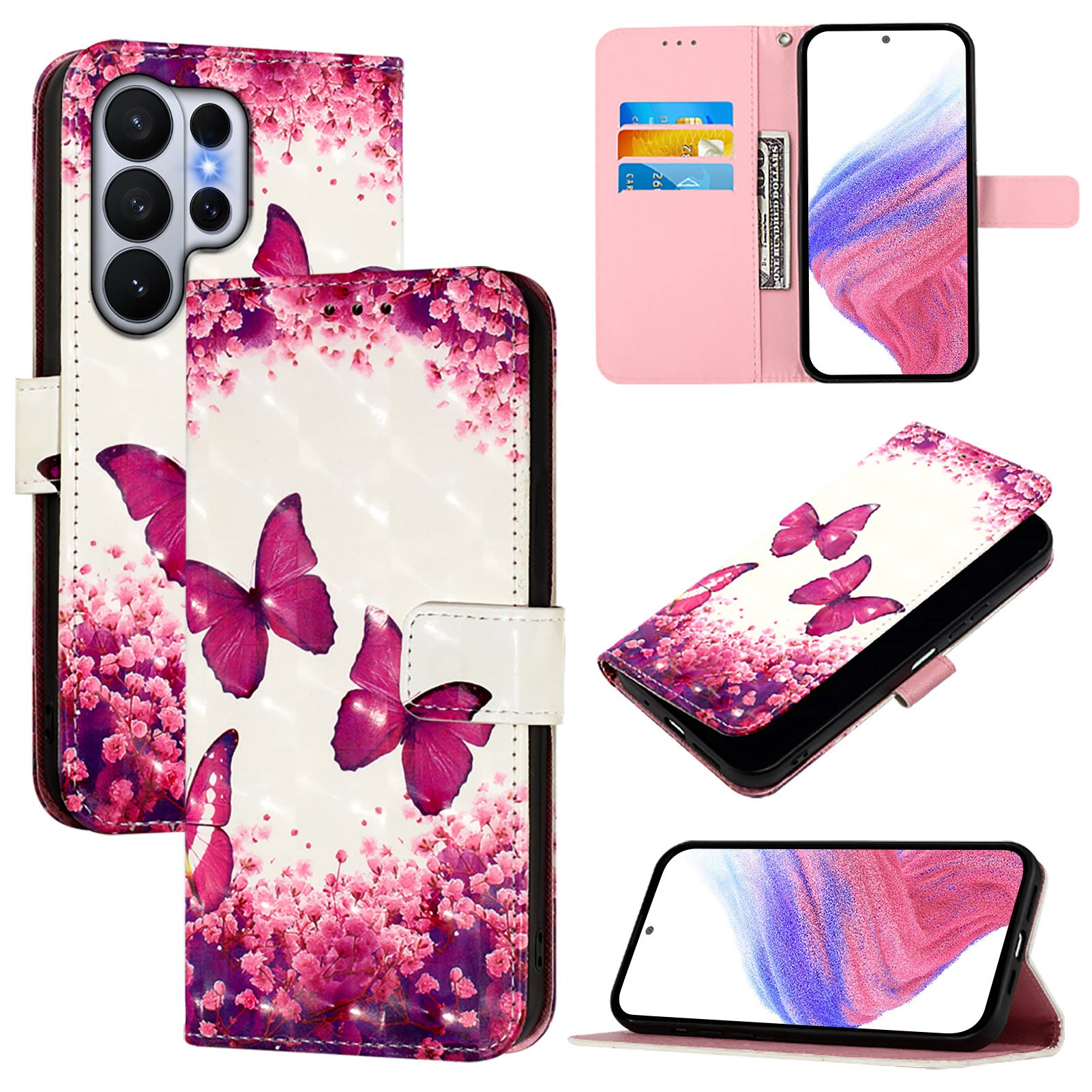 For-Samsung-Galaxy-S26-Ultra-Leather-Case-Pattern-Printing-Wallet-Stand-Mobile-Cover-with-Strap-Rose-Butterflies