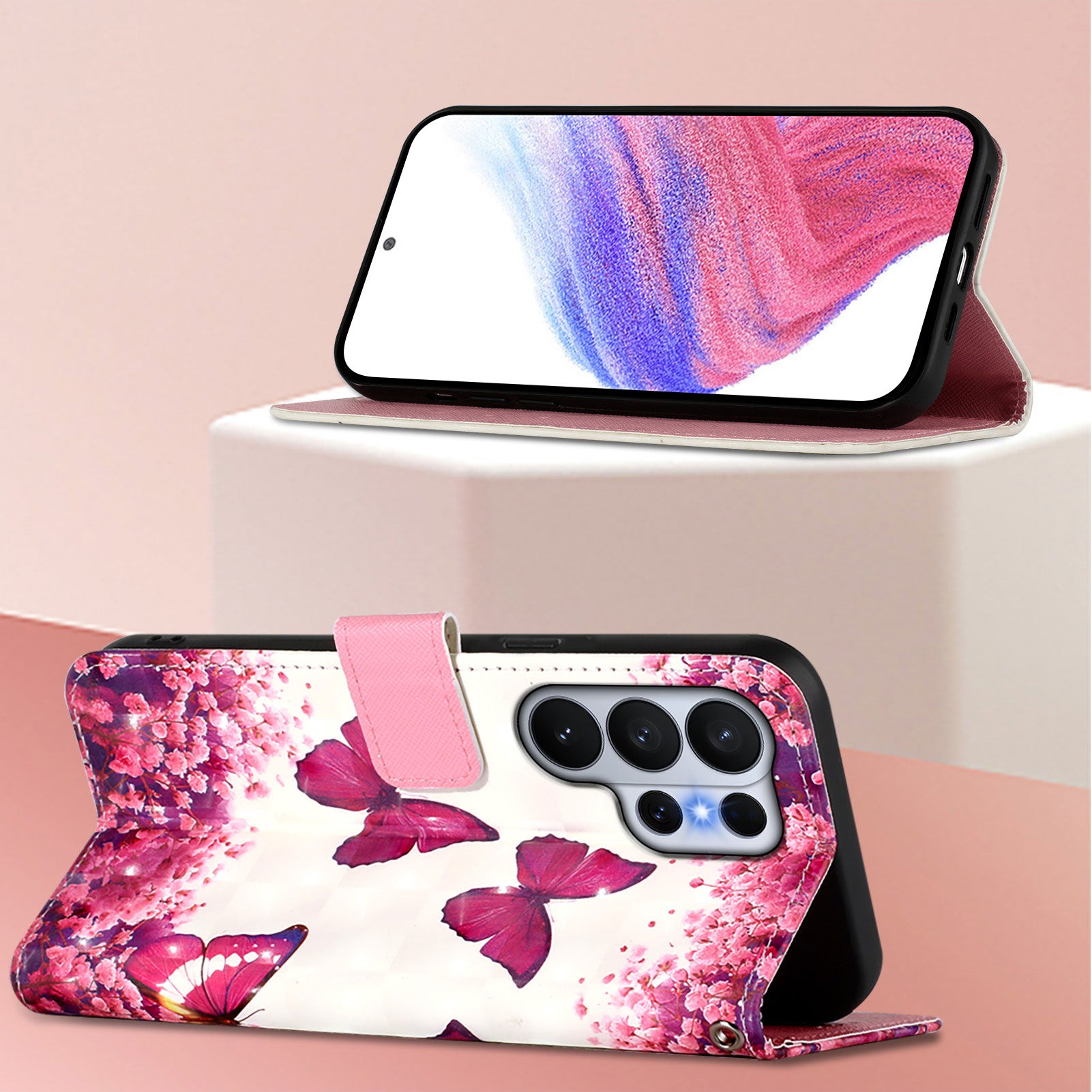 For-Samsung-Galaxy-S26-Ultra-Leather-Case-Pattern-Printing-Wallet-Stand-Mobile-Cover-with-Strap-Rose-Butterflies